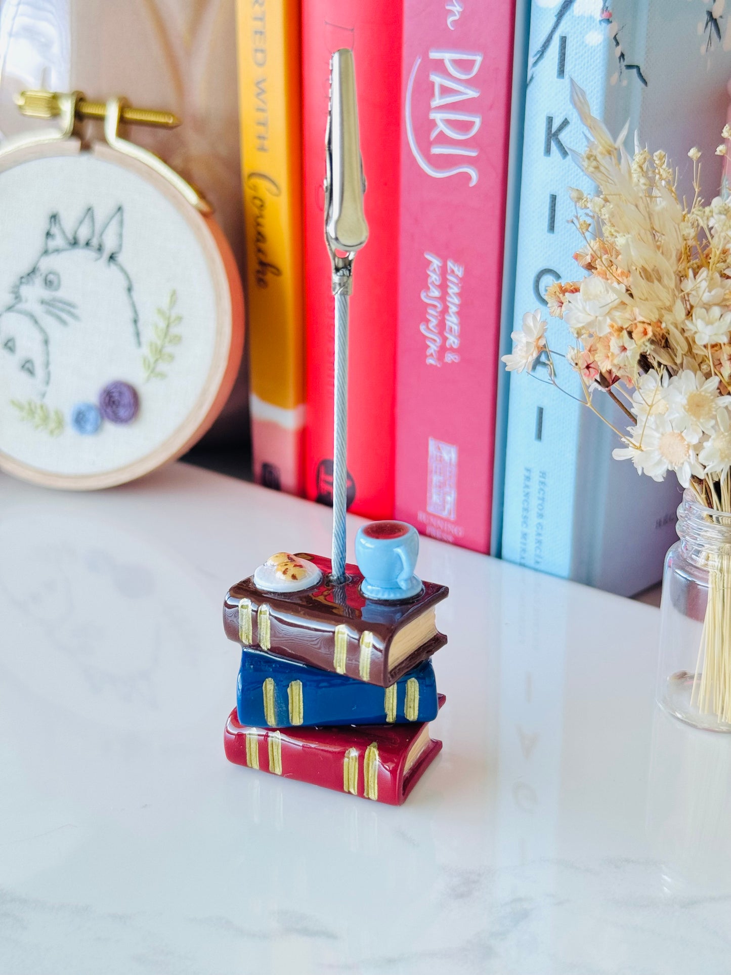 Handmade polymer clay books photo holder with alligator clip and coffee & cookie details for desk décor