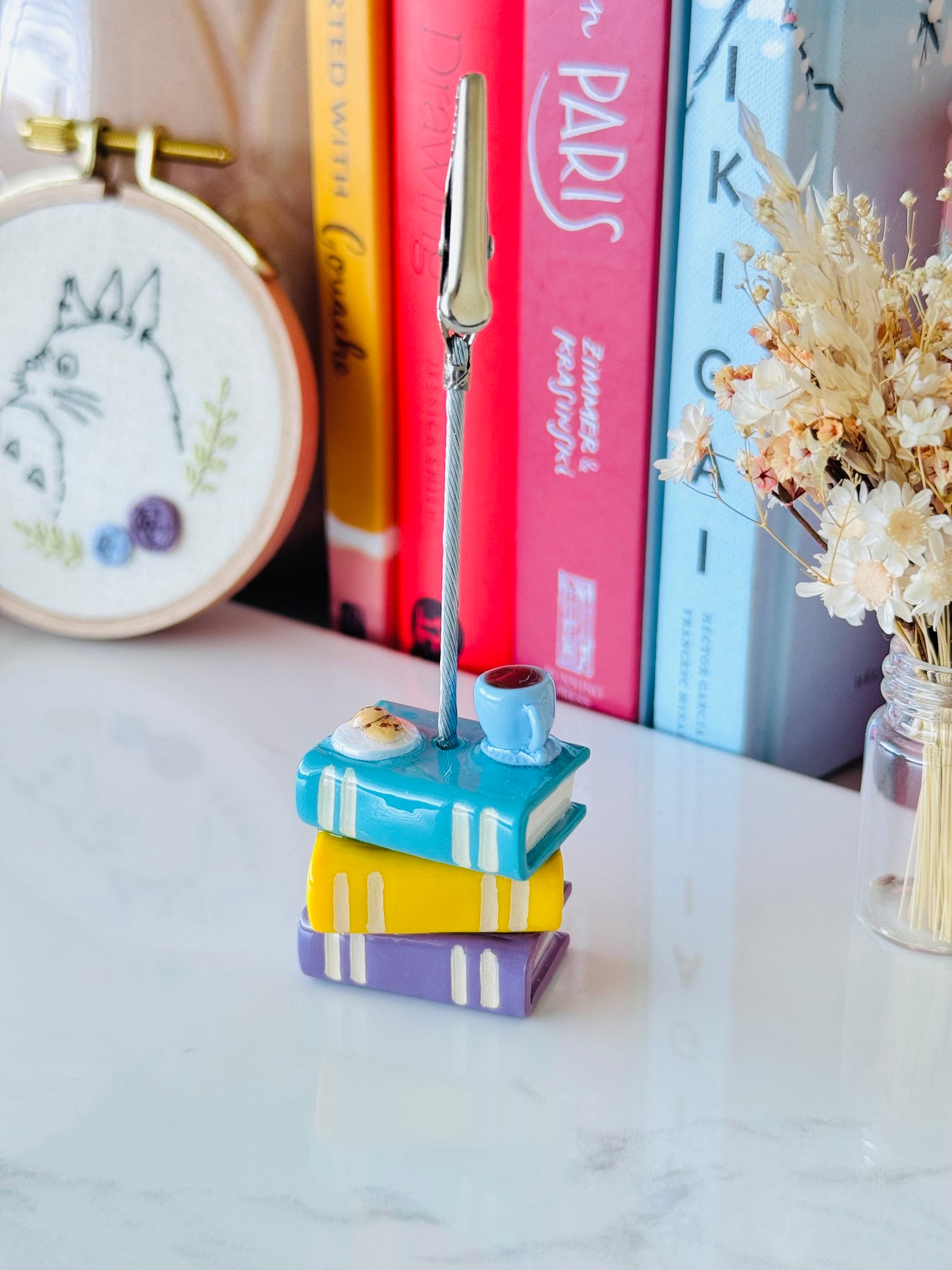 Handmade polymer clay books photo holder with alligator clip and coffee & cookie details for desk décor