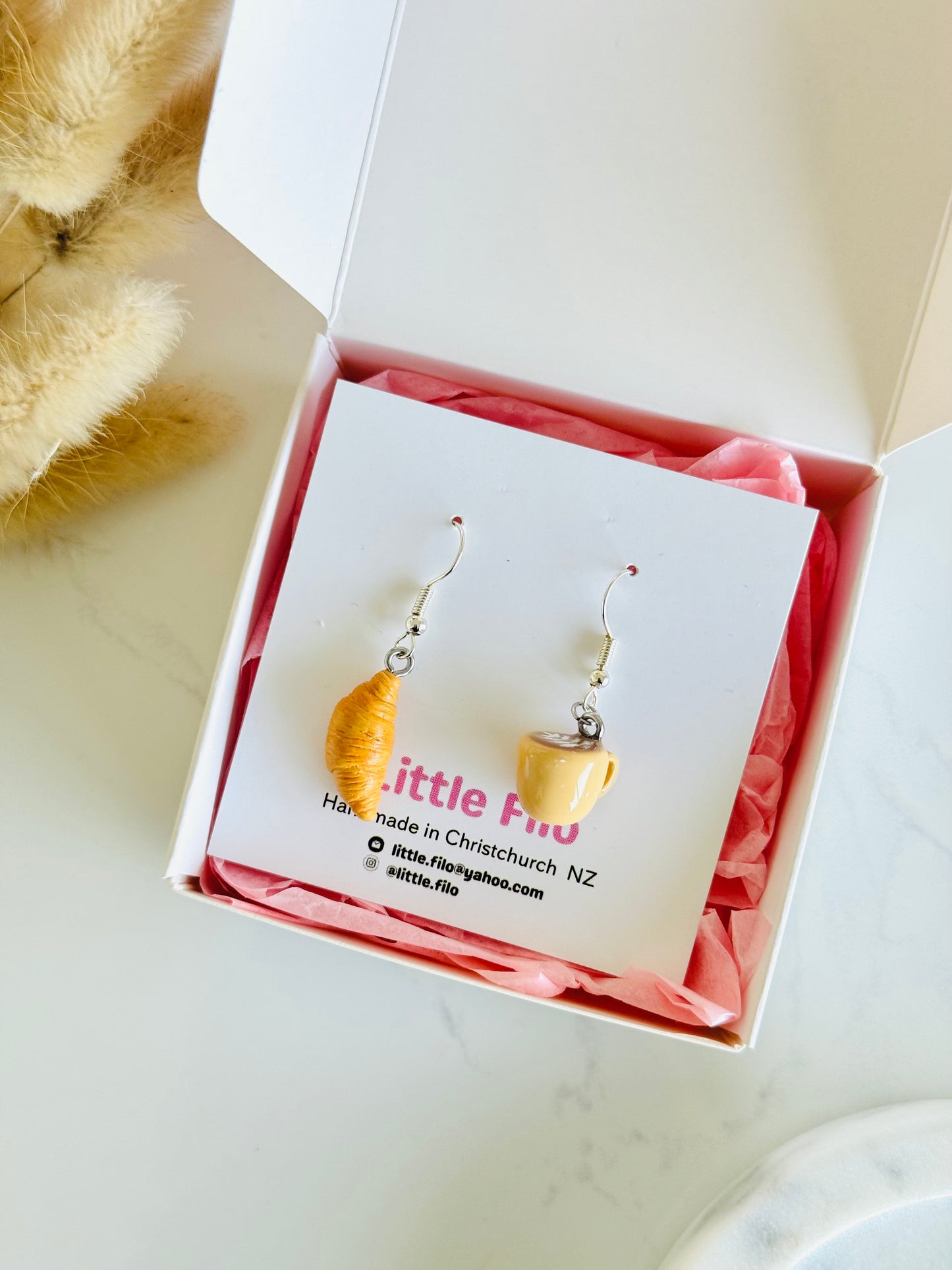Handmade polymer clay coffee and croissant earrings NZ, mismatched food jewelry