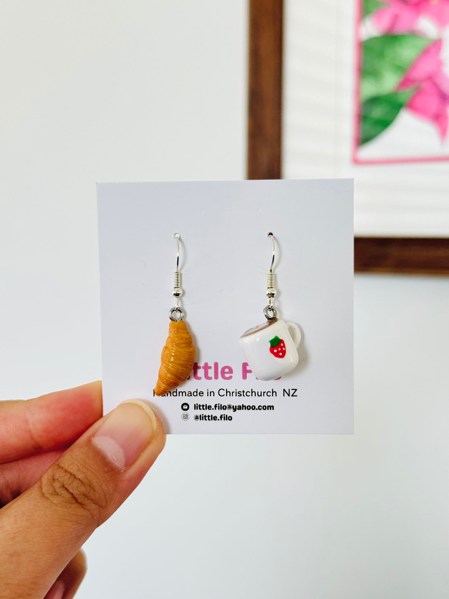 Handmade polymer clay coffee and croissant earrings NZ, mismatched food jewelry
