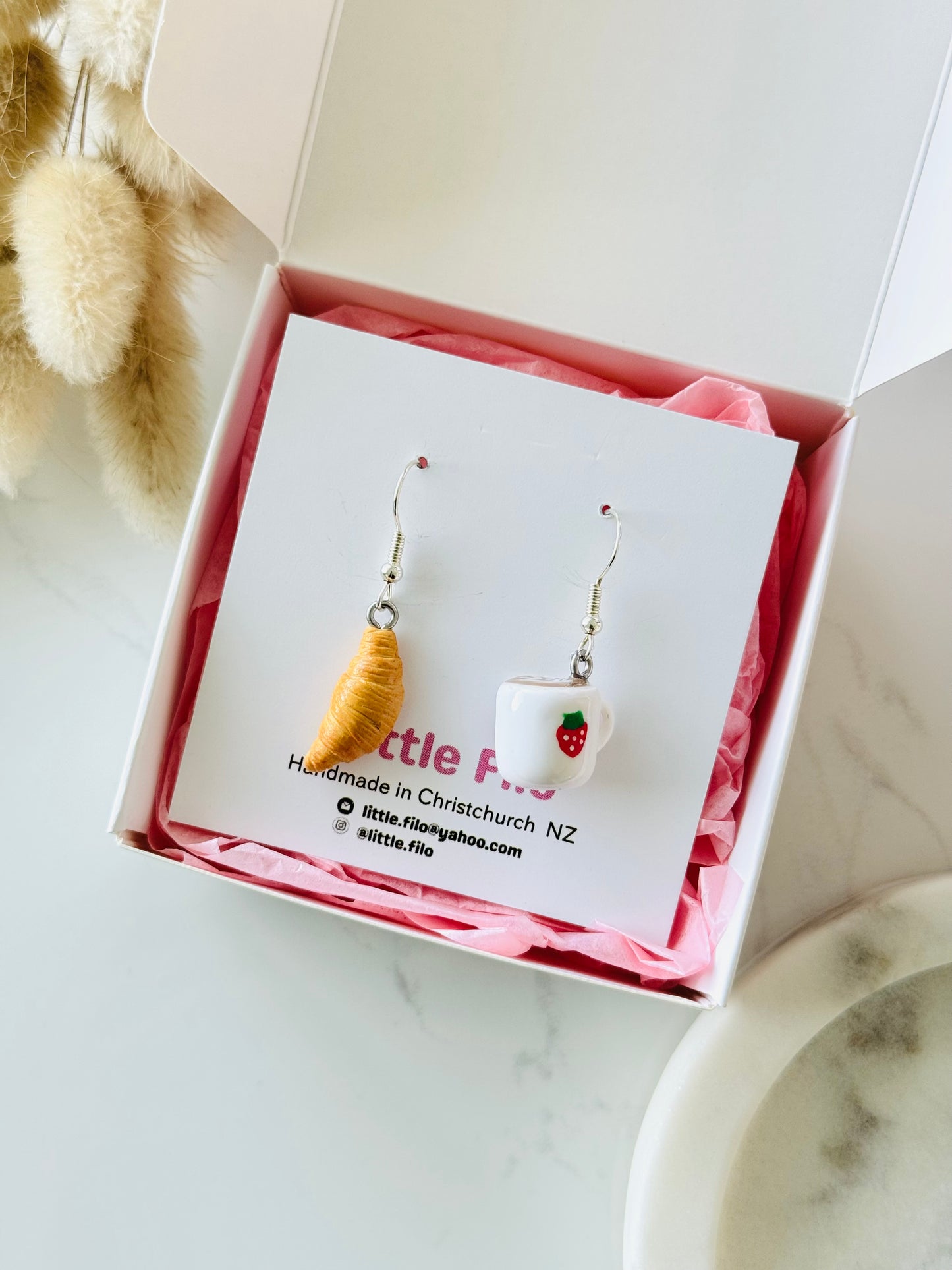 Handmade polymer clay coffee and croissant earrings NZ, mismatched food jewelry