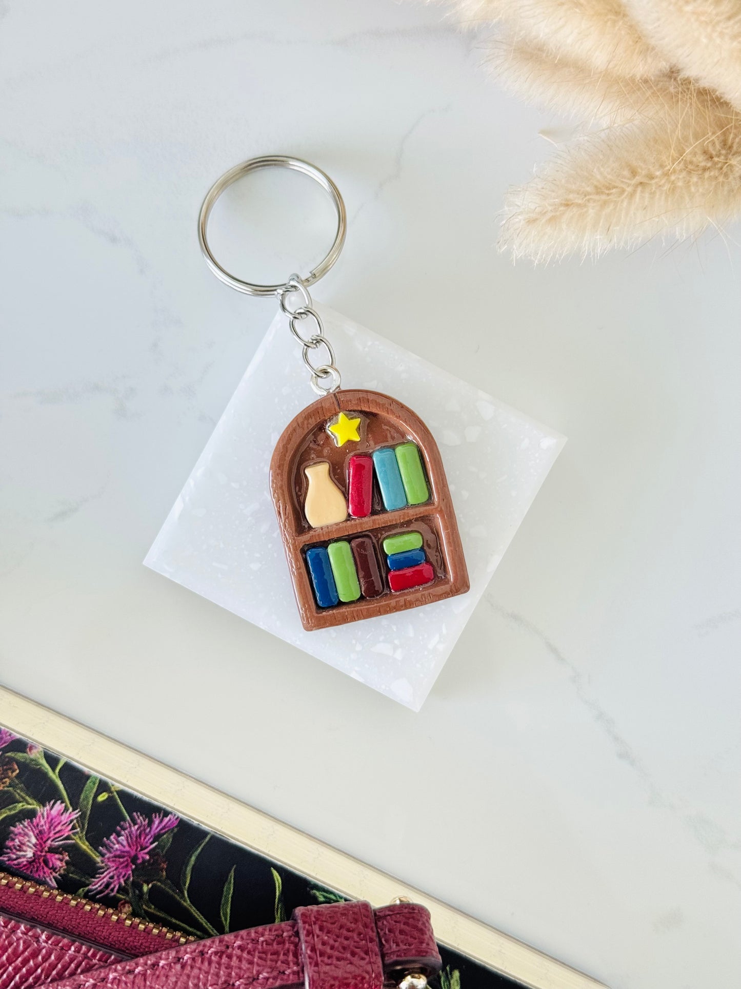 Handmade polymer clay bookshelf keyring for keys and bags NZ