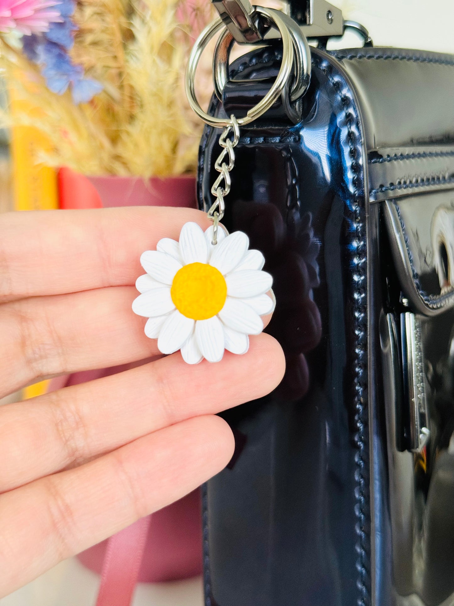 Handmade polymer clay daisy flower keychain with keyring attachment NZ