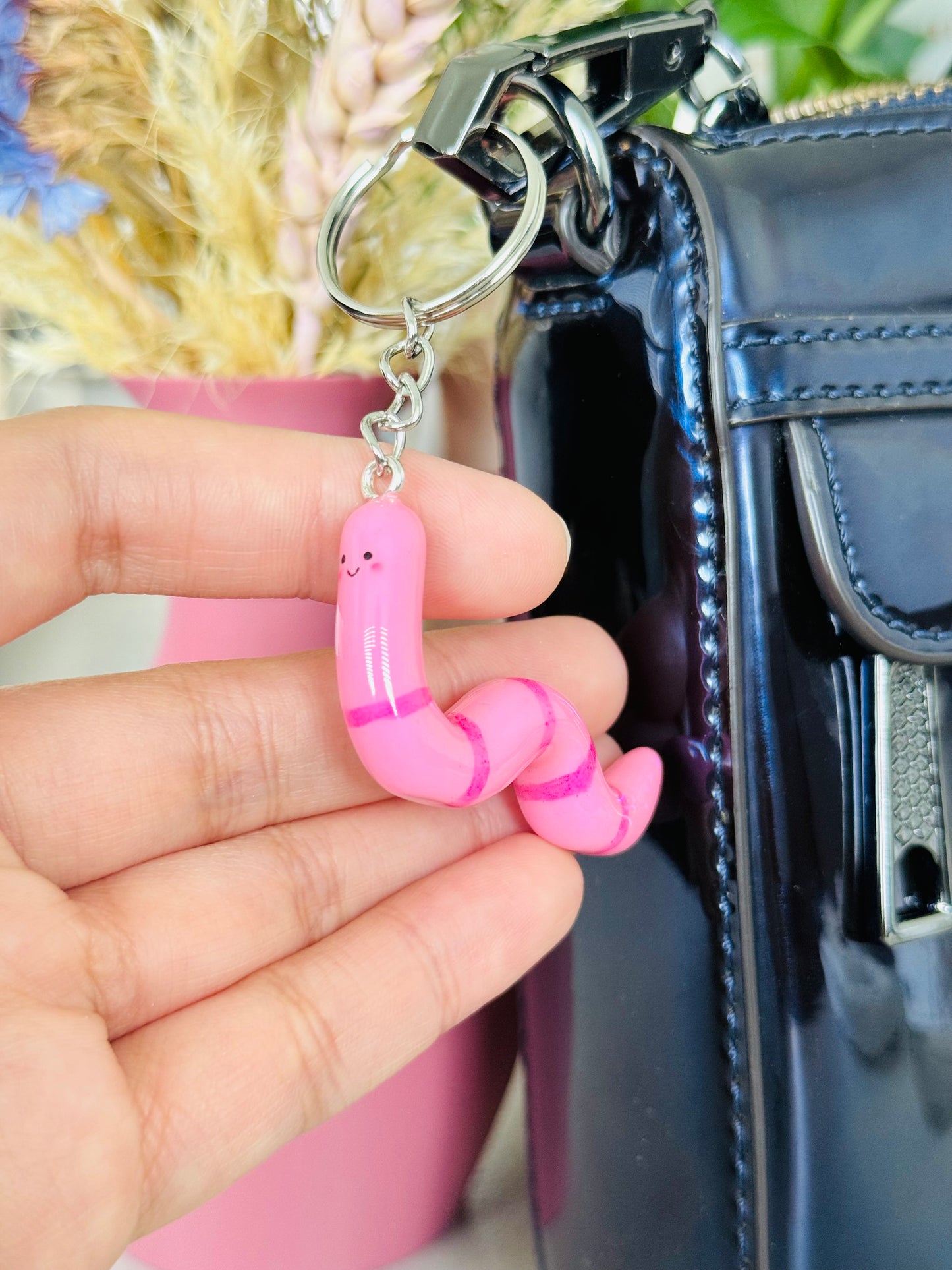 Handmade polymer clay pink worm keyring for keys and bags NZ