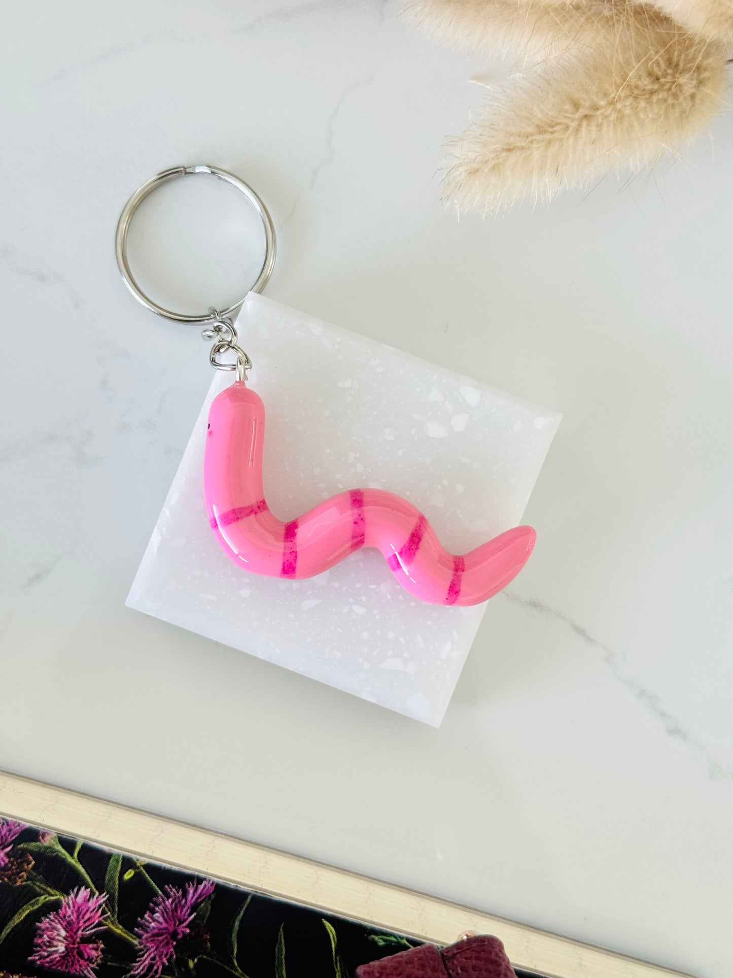 Handmade polymer clay pink worm keyring for keys and bags NZ