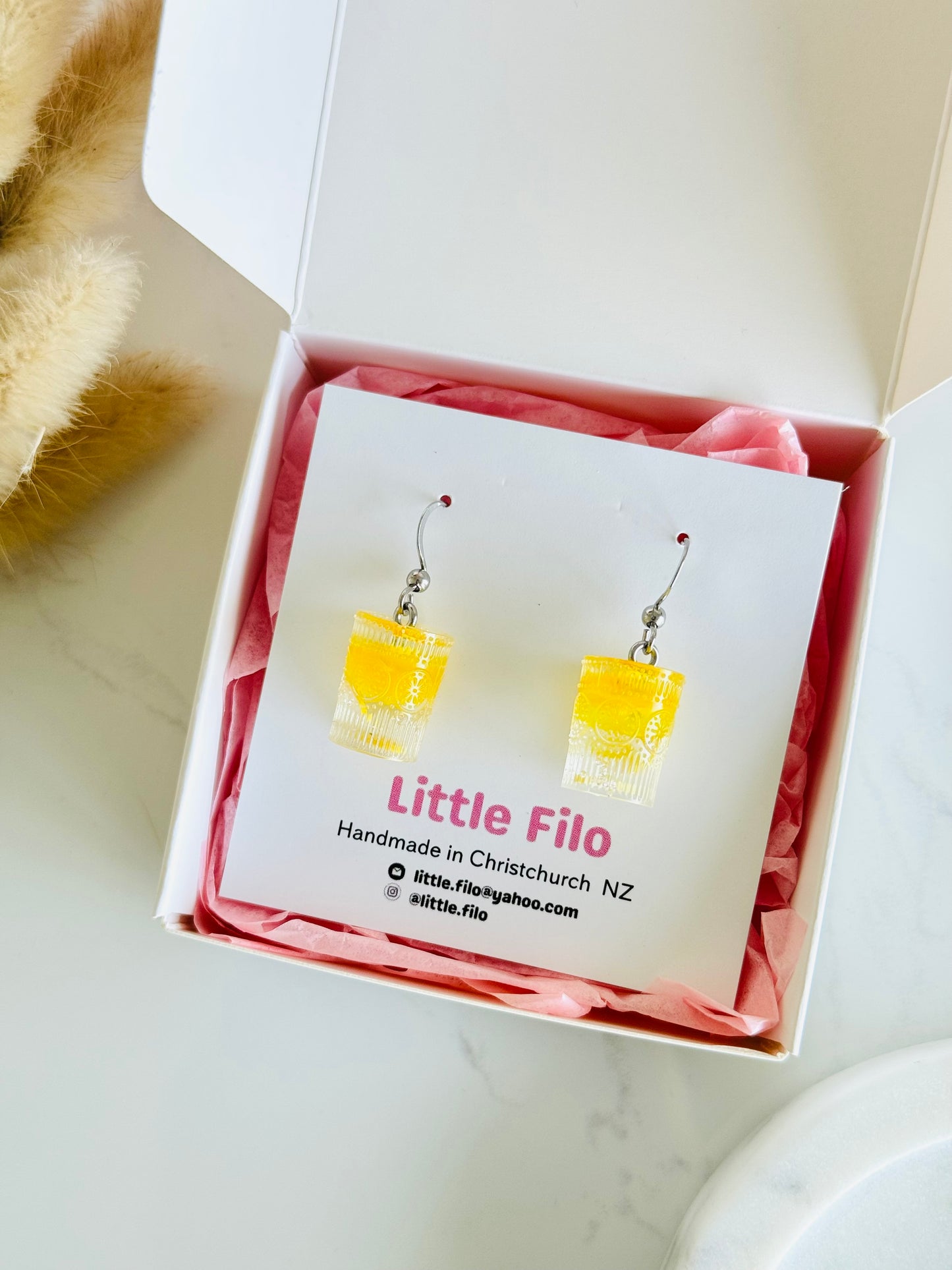Handmade polymer clay and resin limoncello glass and lemon earrings NZ