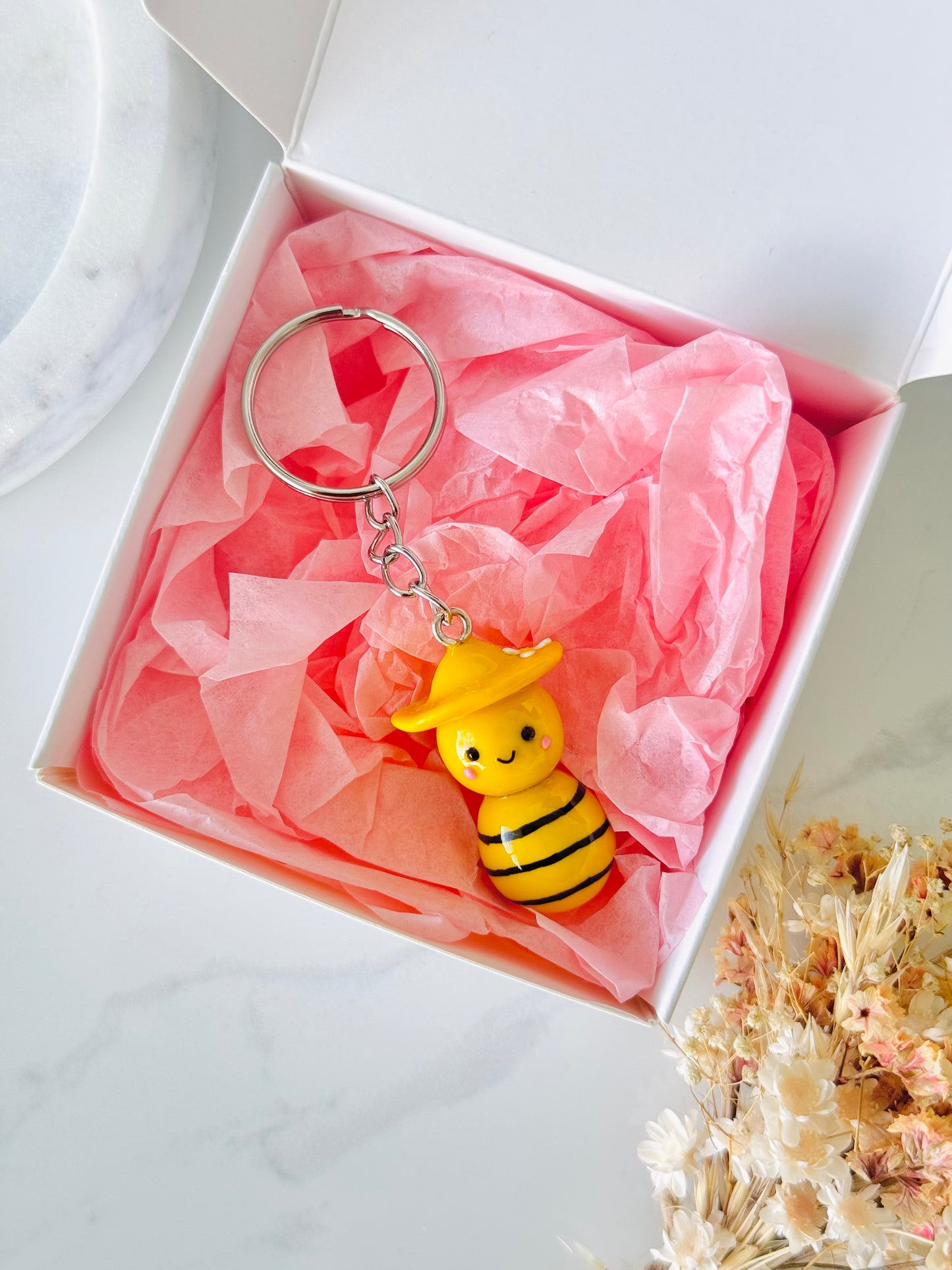Handmade polymer clay bee keyring for keys and bags NZ