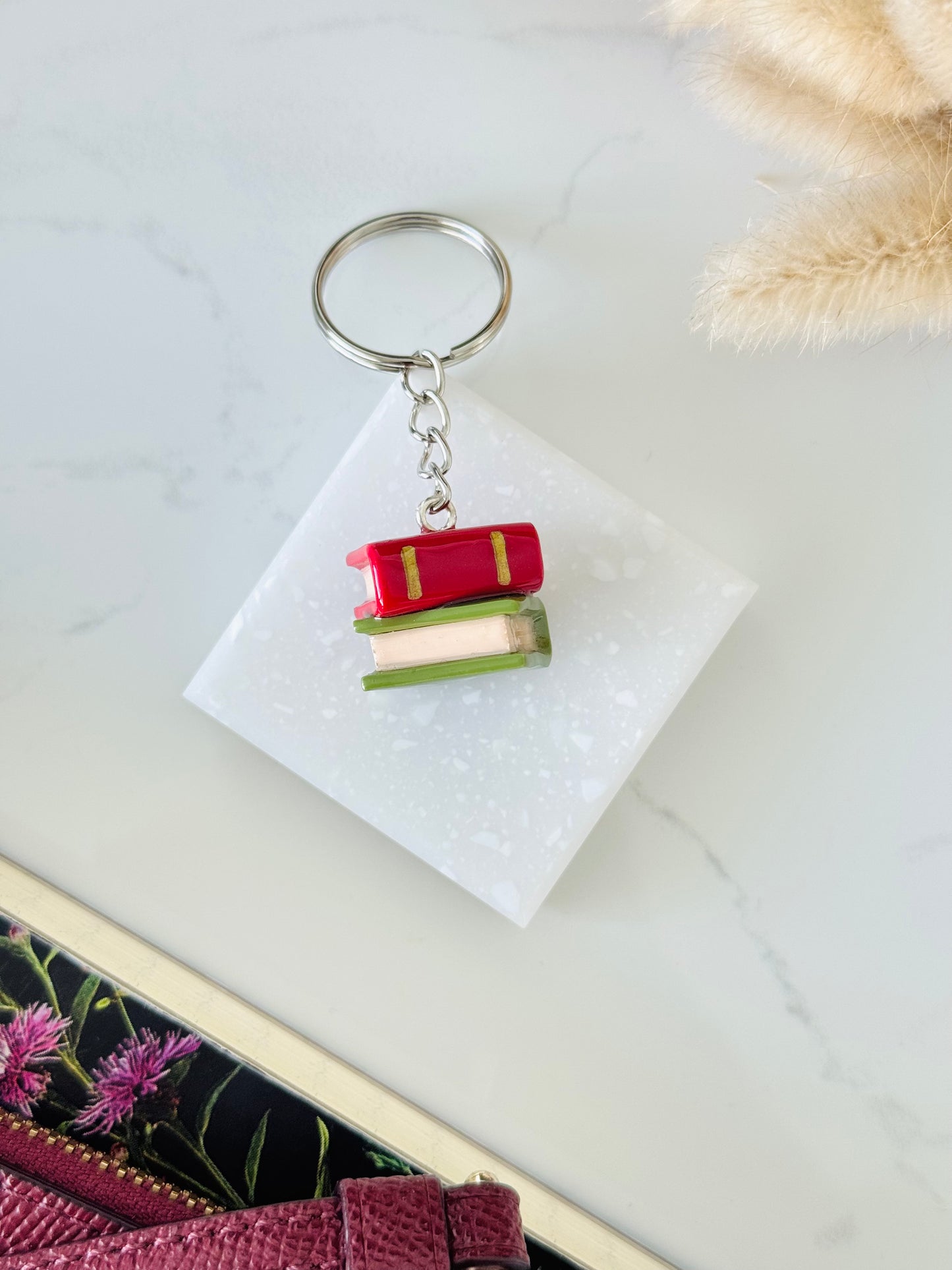 Handmade polymer clay double stack of book keyring for keys and bags NZ
