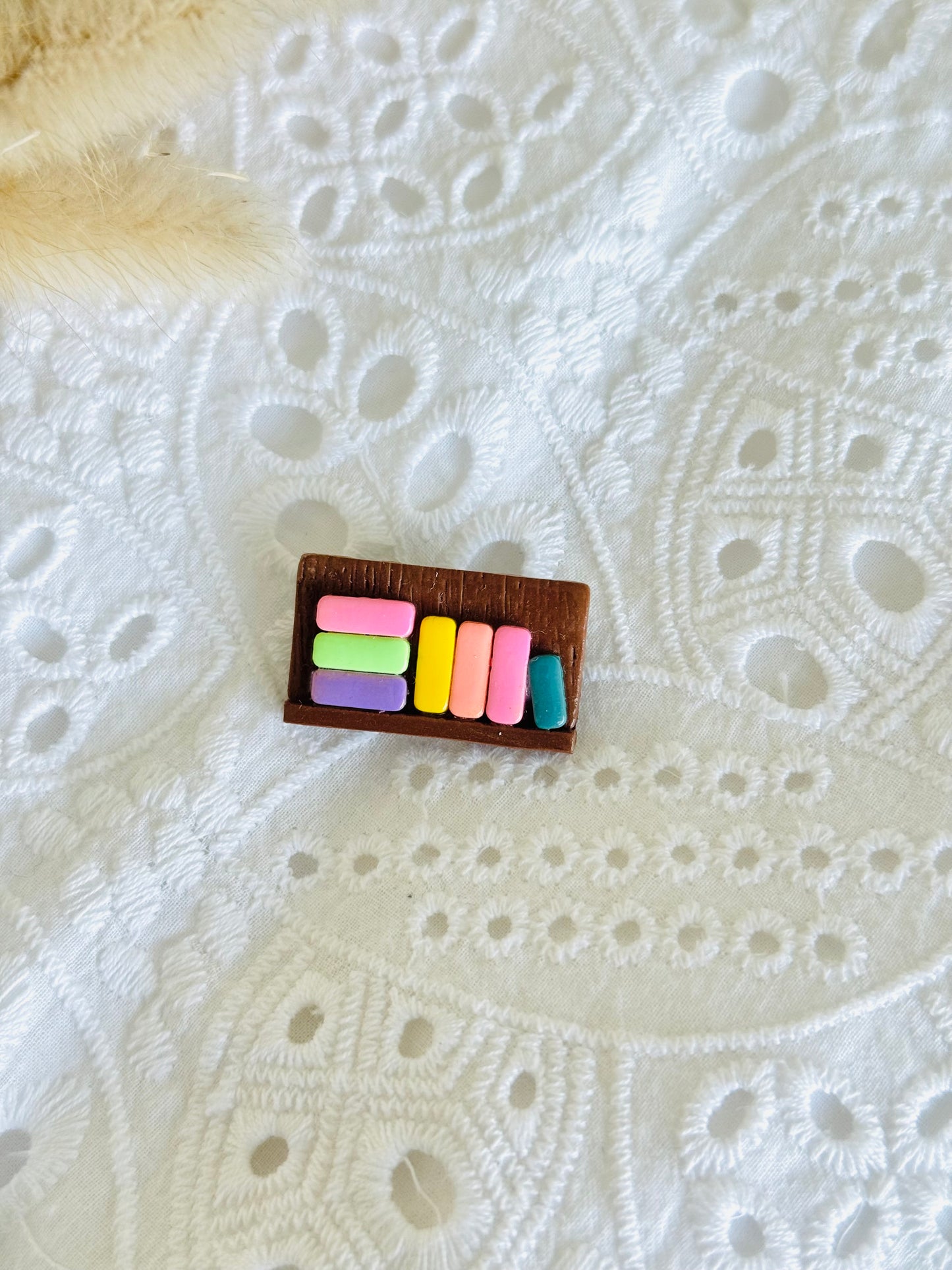 Handmade polymer clay bookshelf brooch, book lover pin NZ