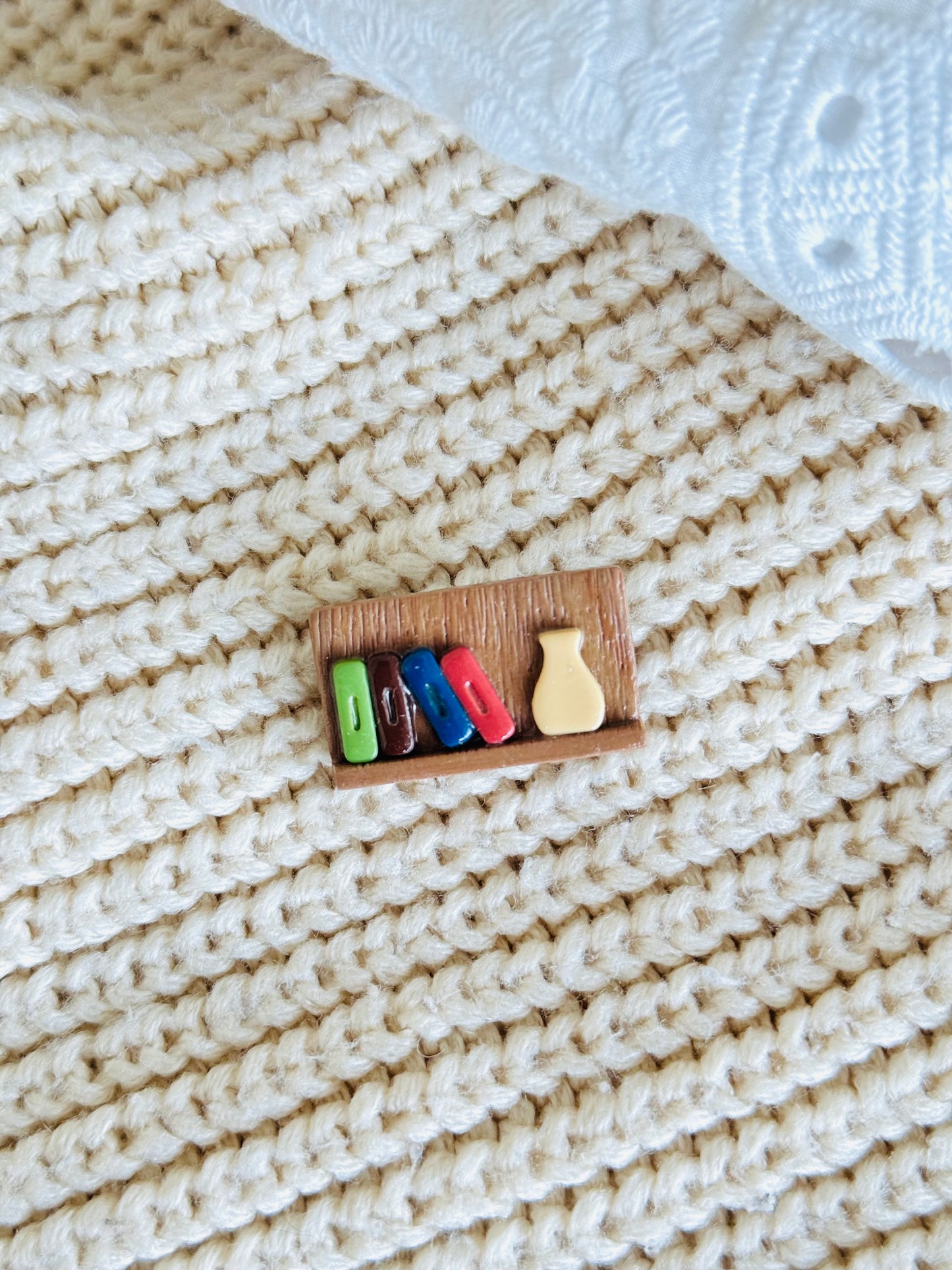 Handmade polymer clay bookshelf brooch, book lover pin NZ