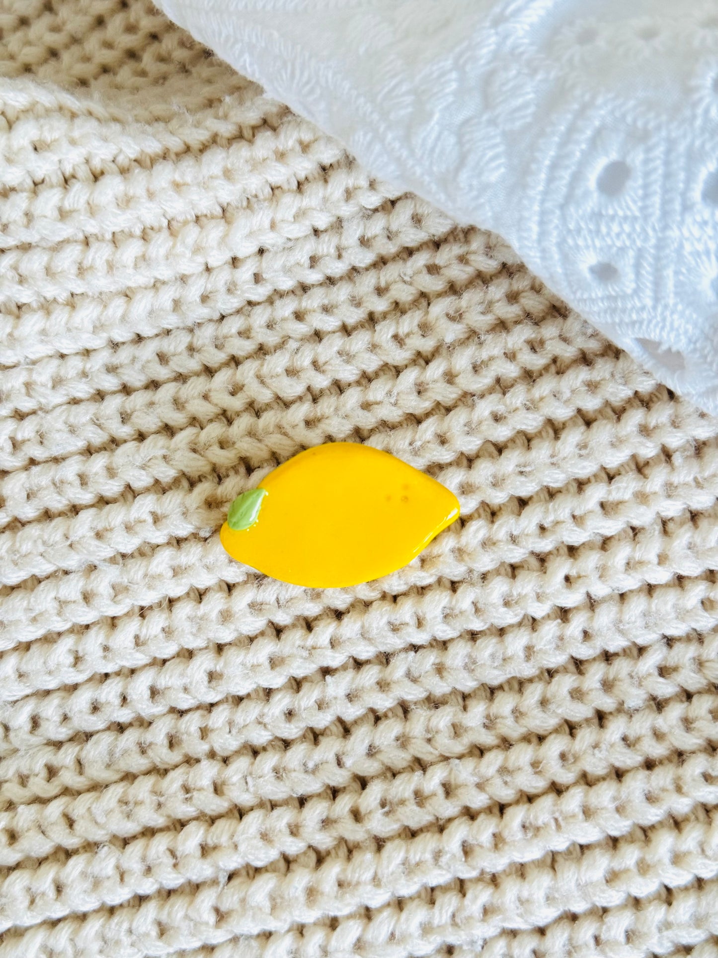Handmade polymer clay lemon brooch, citrus fruit pin for summer outfits