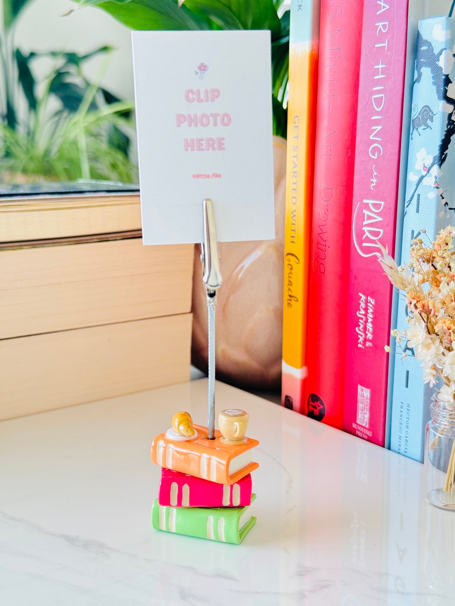 Colorful photo clip holder on a stack of books with a plant in the background