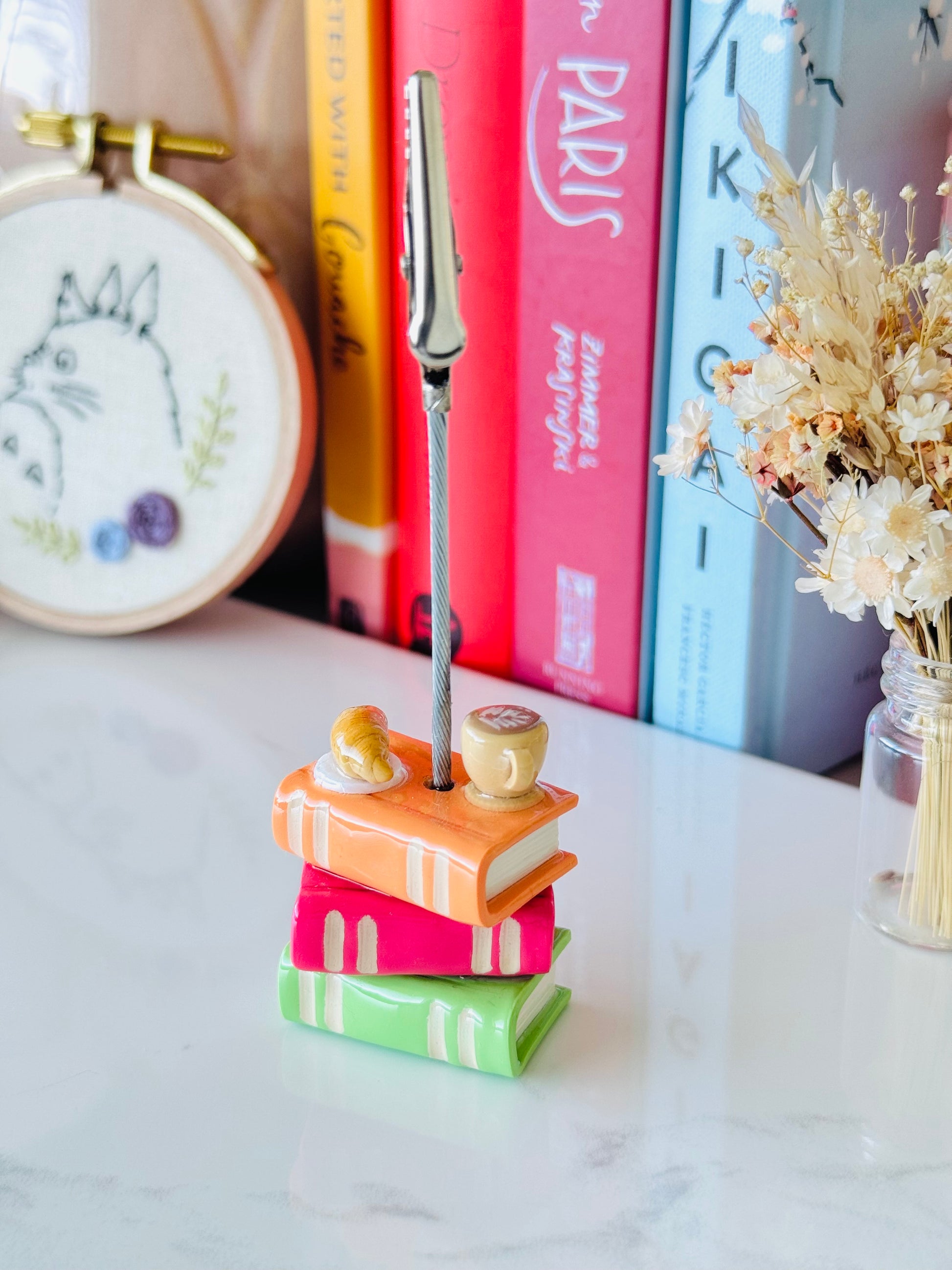 Handmade polymer clay books photo holder with alligator clip and coffee & cookie details for desk décor