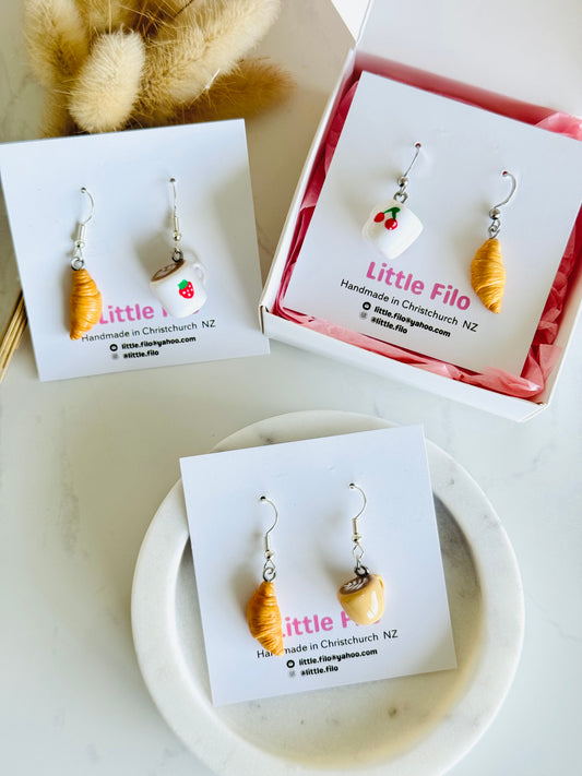 Handmade polymer clay coffee and croissant earrings NZ, mismatched food jewelry