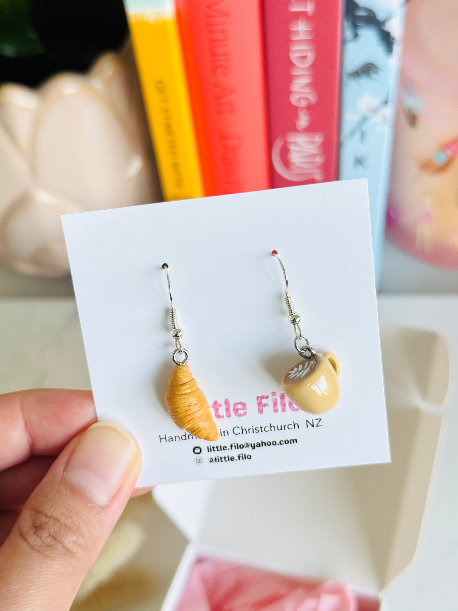 Handmade polymer clay coffee and croissant earrings NZ, mismatched food jewelry