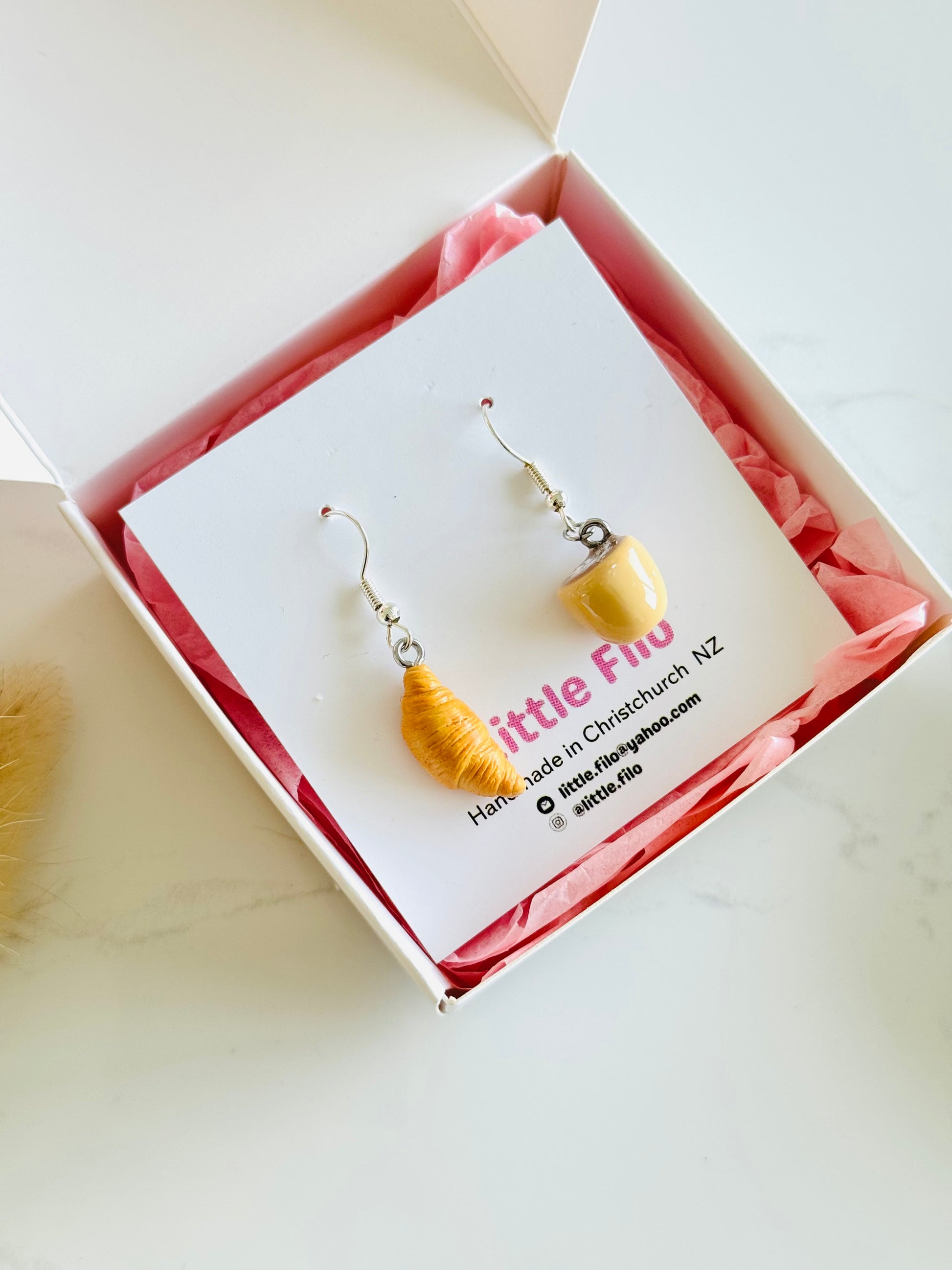 Handmade polymer clay coffee and croissant earrings NZ, mismatched food jewelry