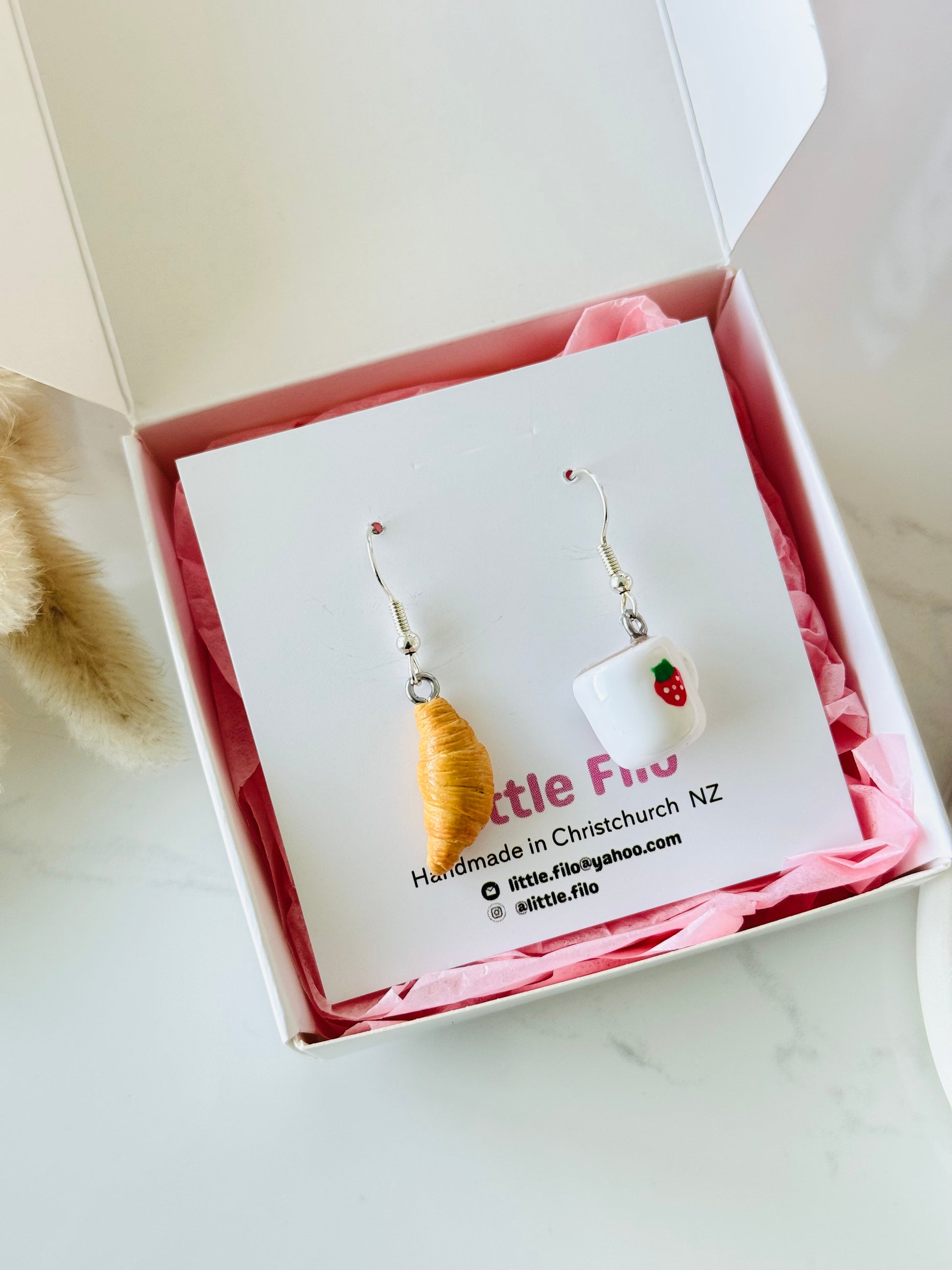 Handmade polymer clay coffee and croissant earrings NZ, mismatched food jewelry