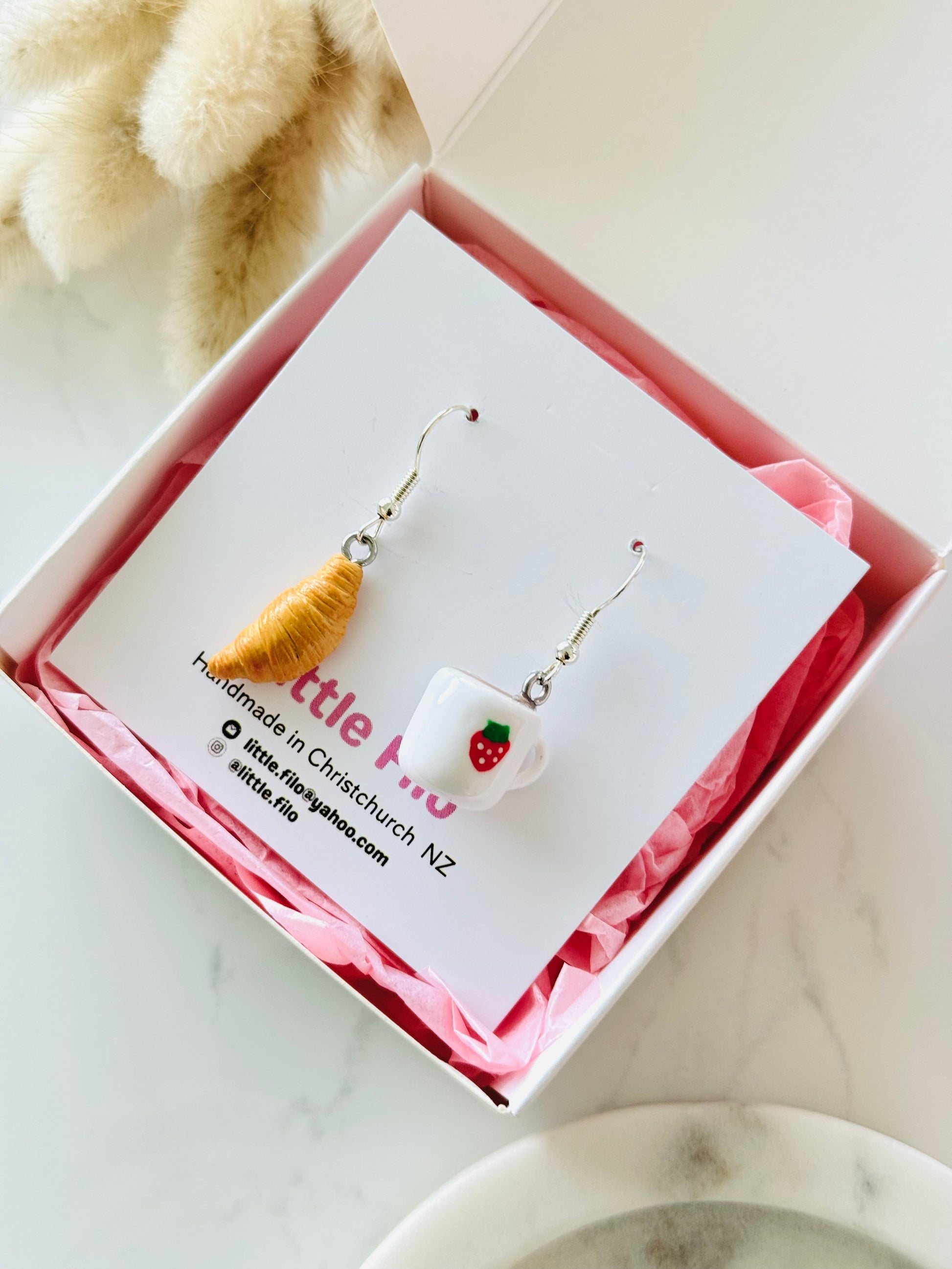 Handmade polymer clay coffee and croissant earrings NZ, mismatched food jewelry