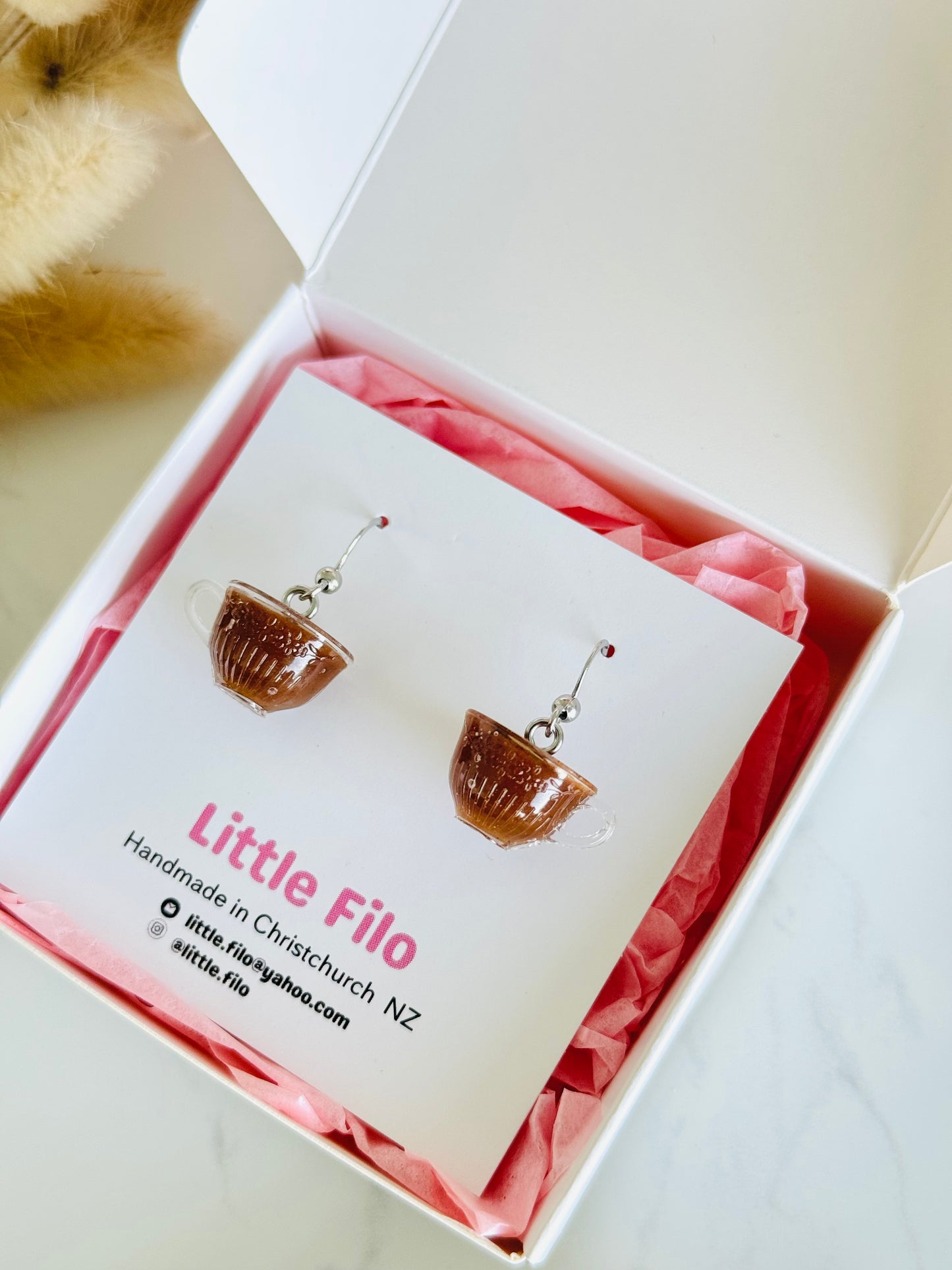 Handmade polymer clay cup of tea earrings NZ, cute food jewelry