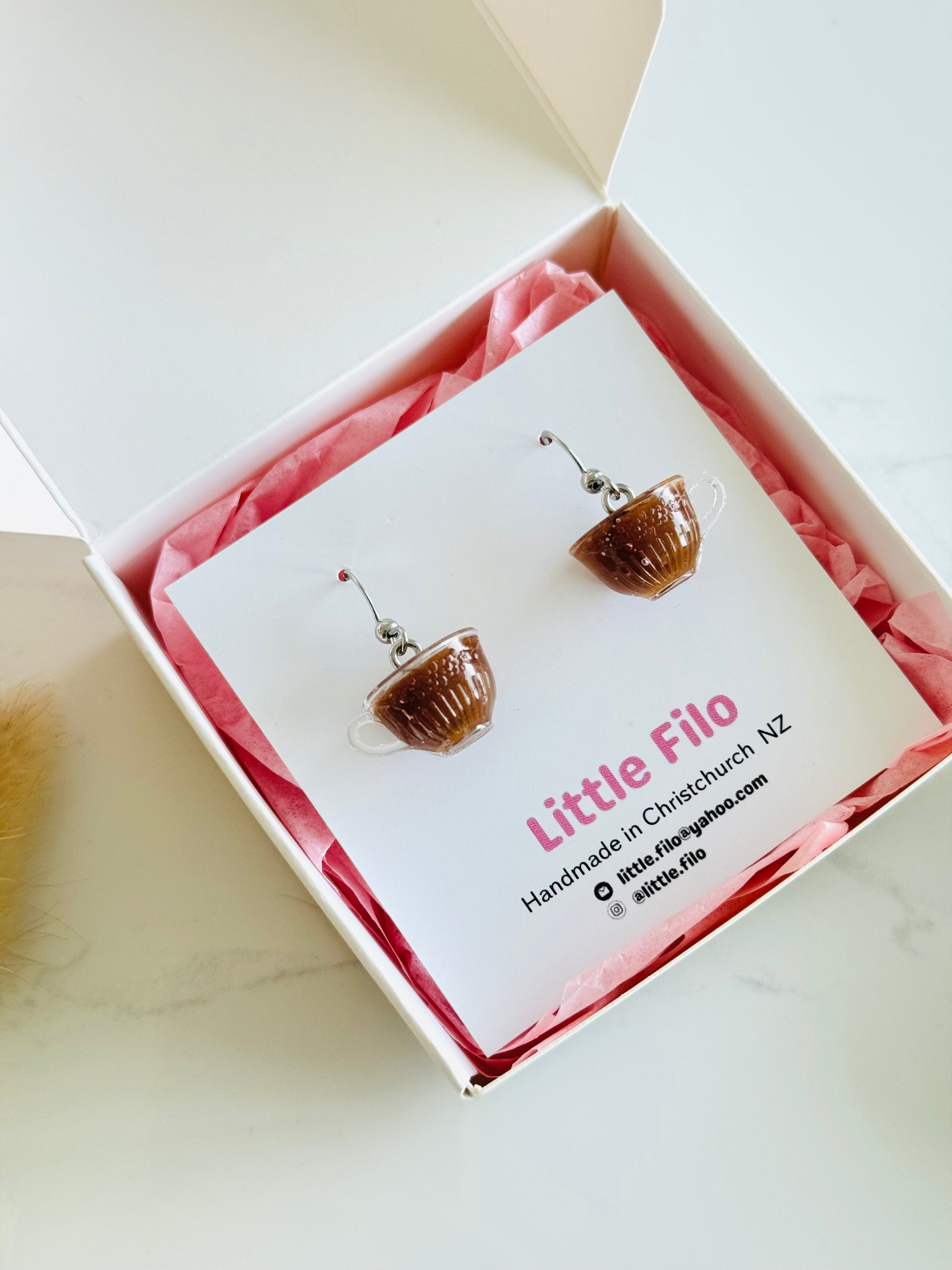 Handmade polymer clay cup of tea earrings NZ, cute food jewelry