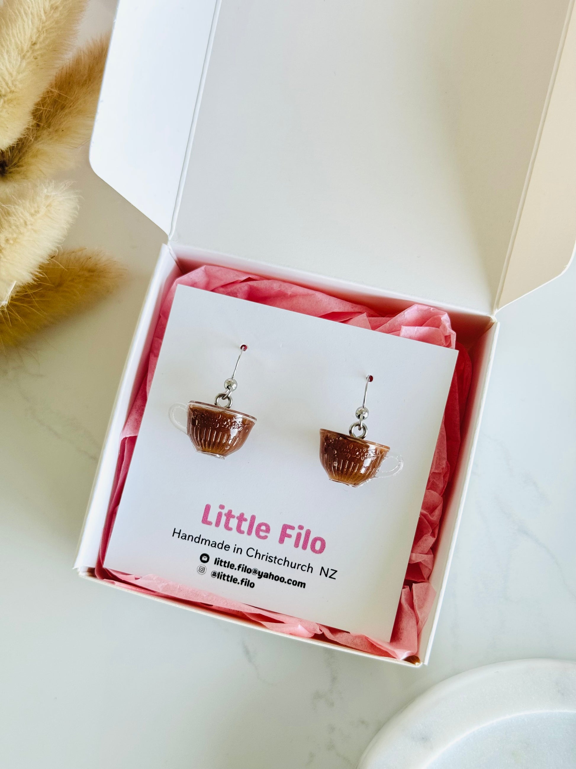 Handmade polymer clay cup of tea earrings NZ, cute food jewelry