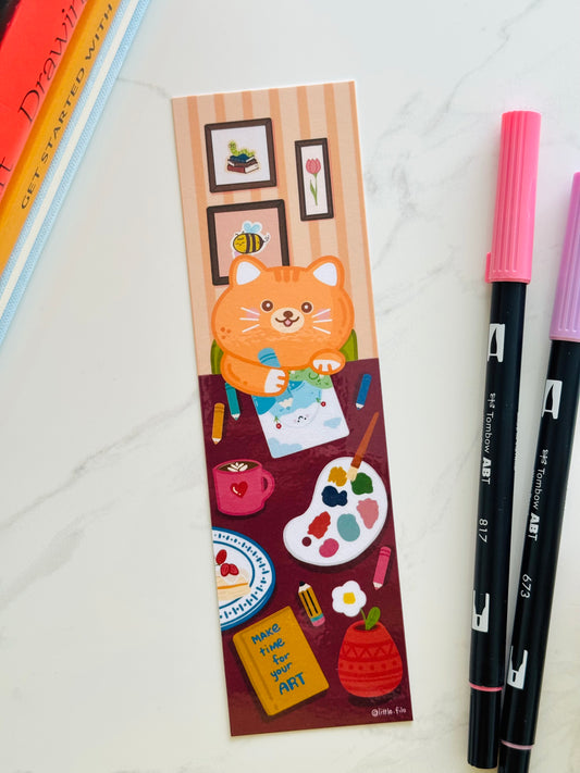 Hand-illustrated cat character bookmark handmade in New Zealand