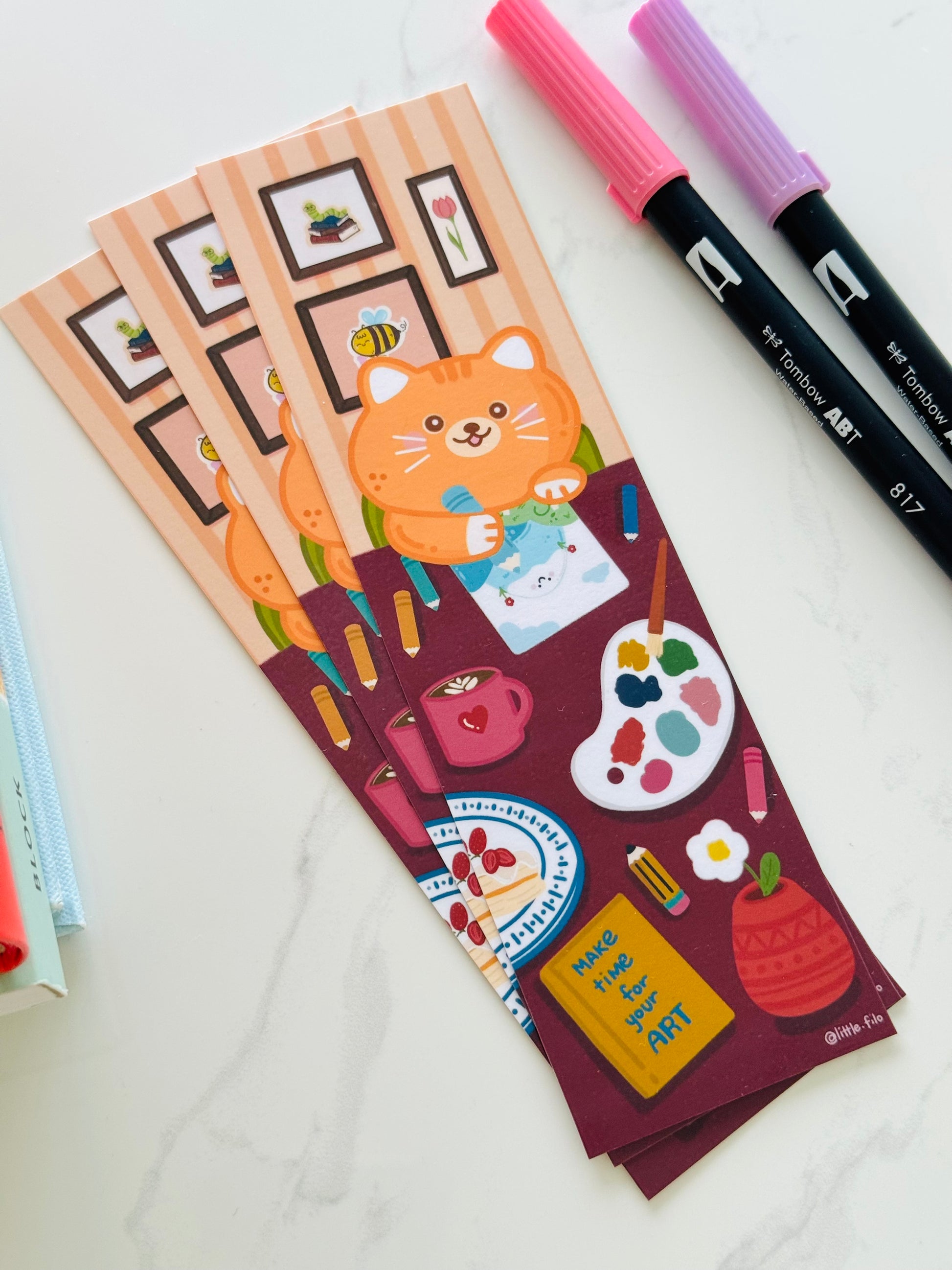 Hand-illustrated cat character bookmark handmade in New Zealand