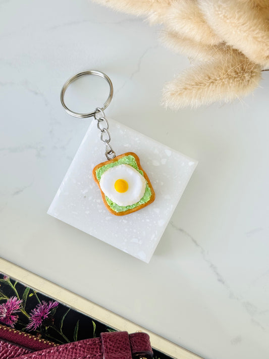 Handmade polymer clay avo and egg on toast keyring for keys and bags NZ