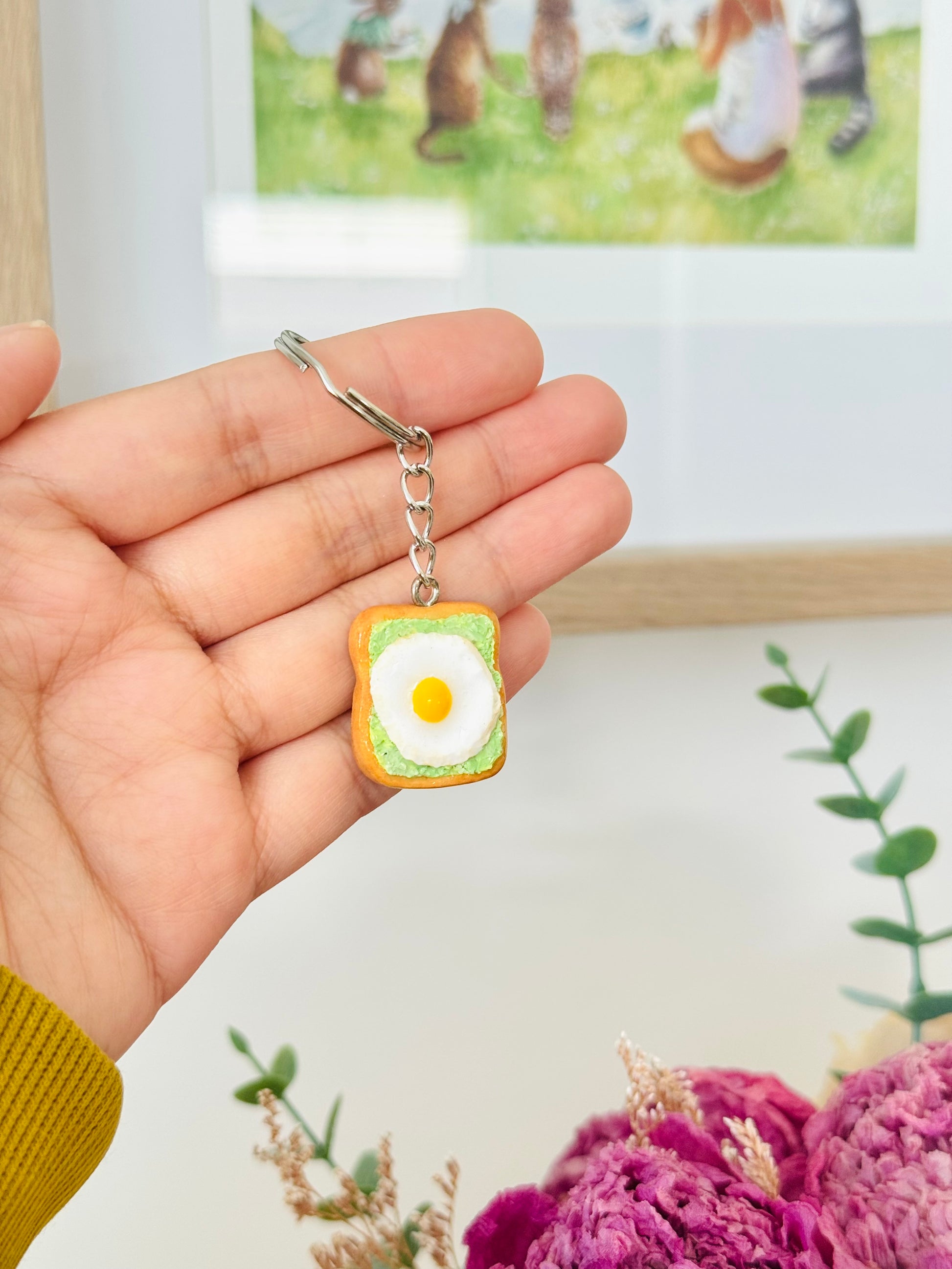 Handmade polymer clay avo and egg on toast keyring for keys and bags NZ