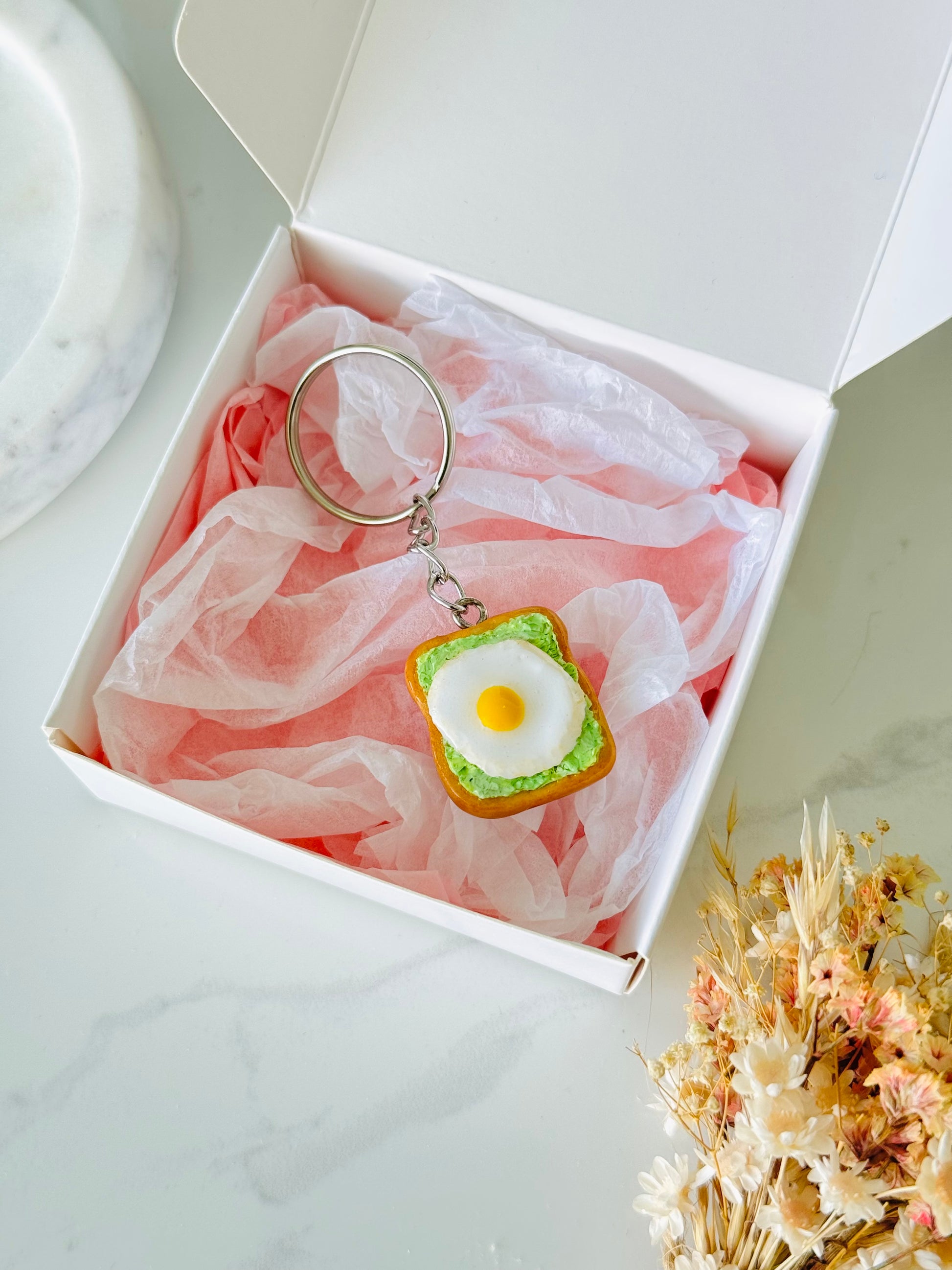 Handmade polymer clay avo and egg on toast keyring for keys and bags NZ