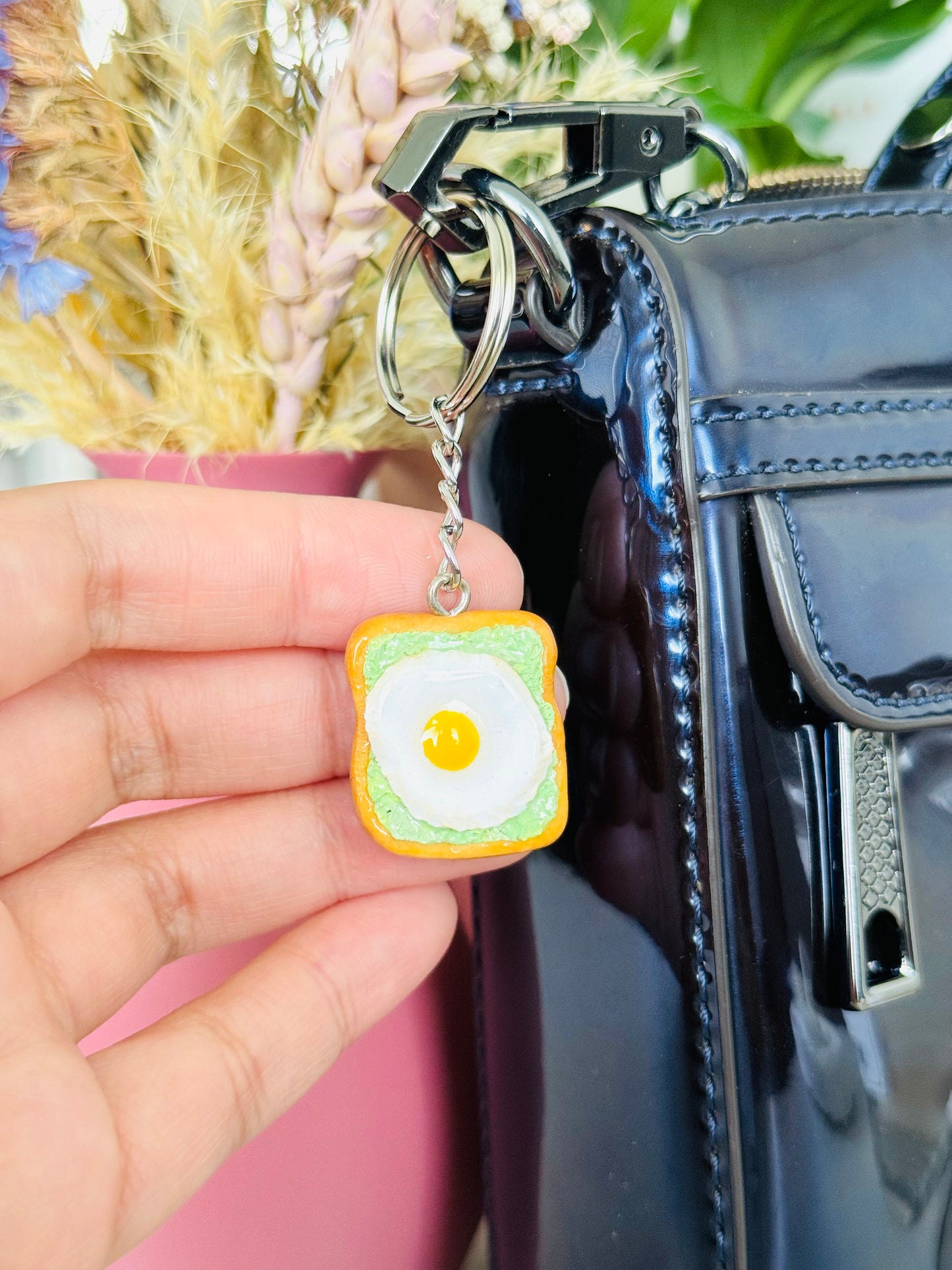 Handmade polymer clay avo and egg on toast keyring for keys and bags NZ