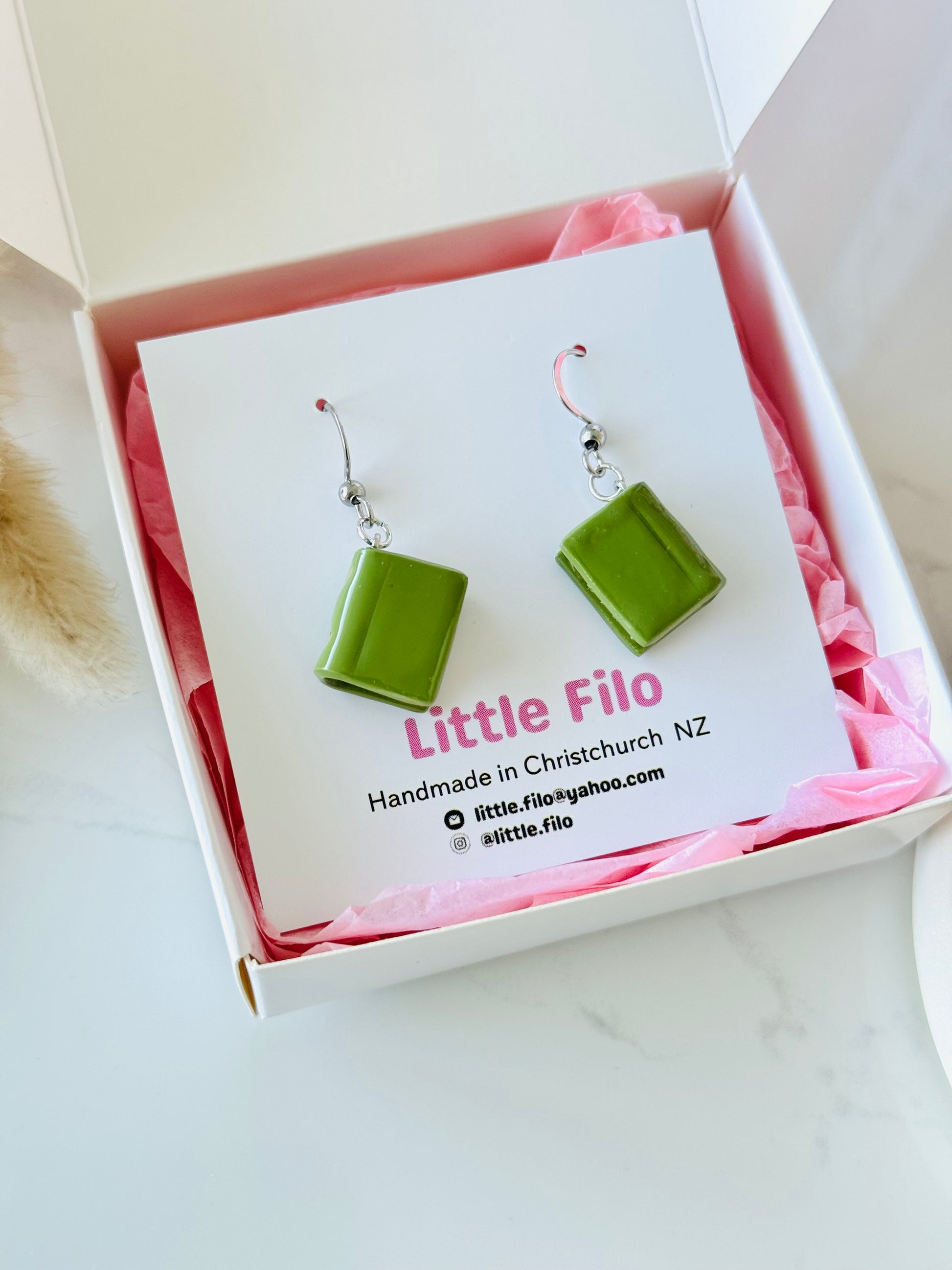 Handmade polymer clay book earrings, cute reader jewelry NZ