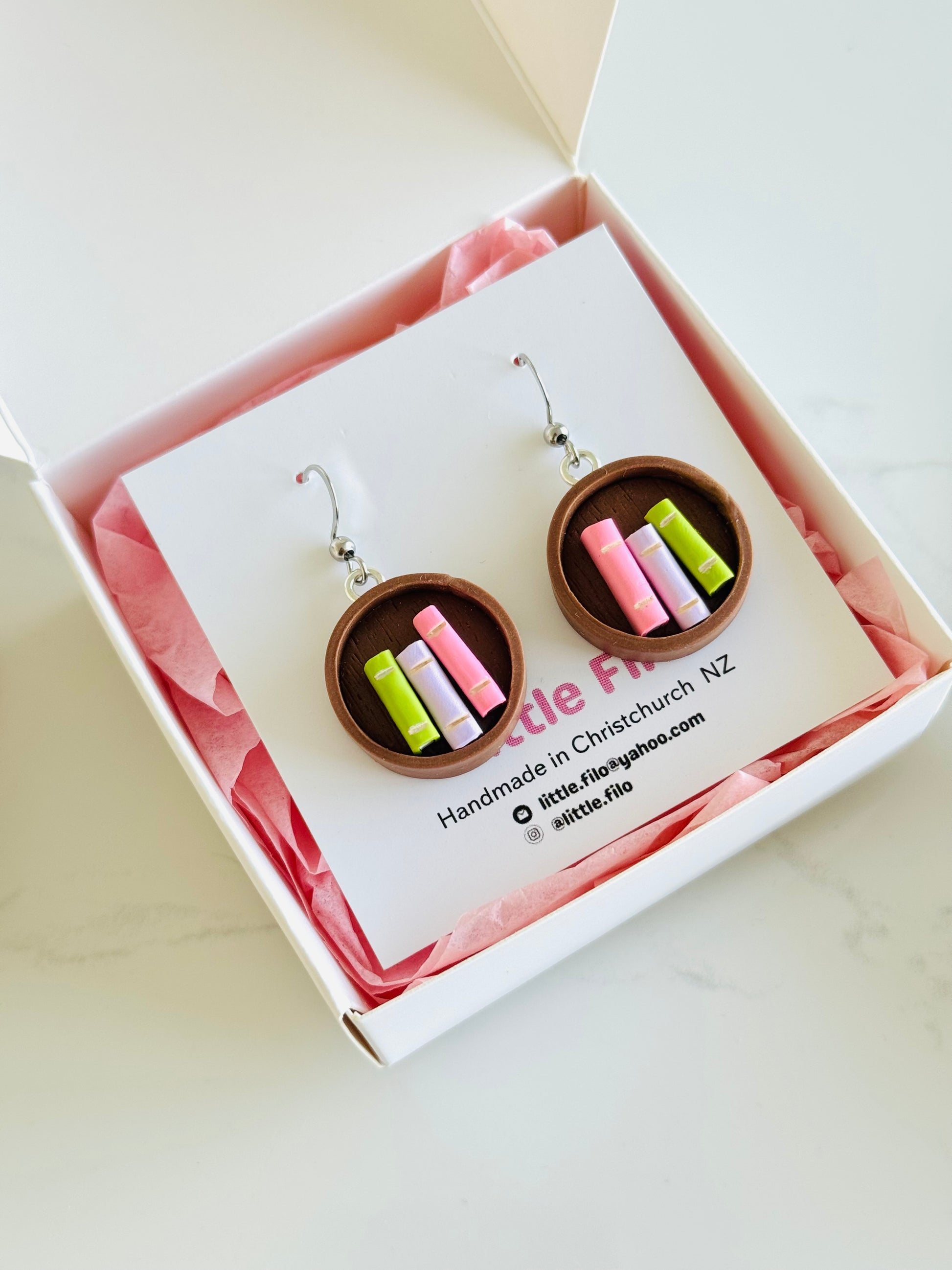 Handmade polymer clay bookshelf earrings, cute book lover jewelry NZ