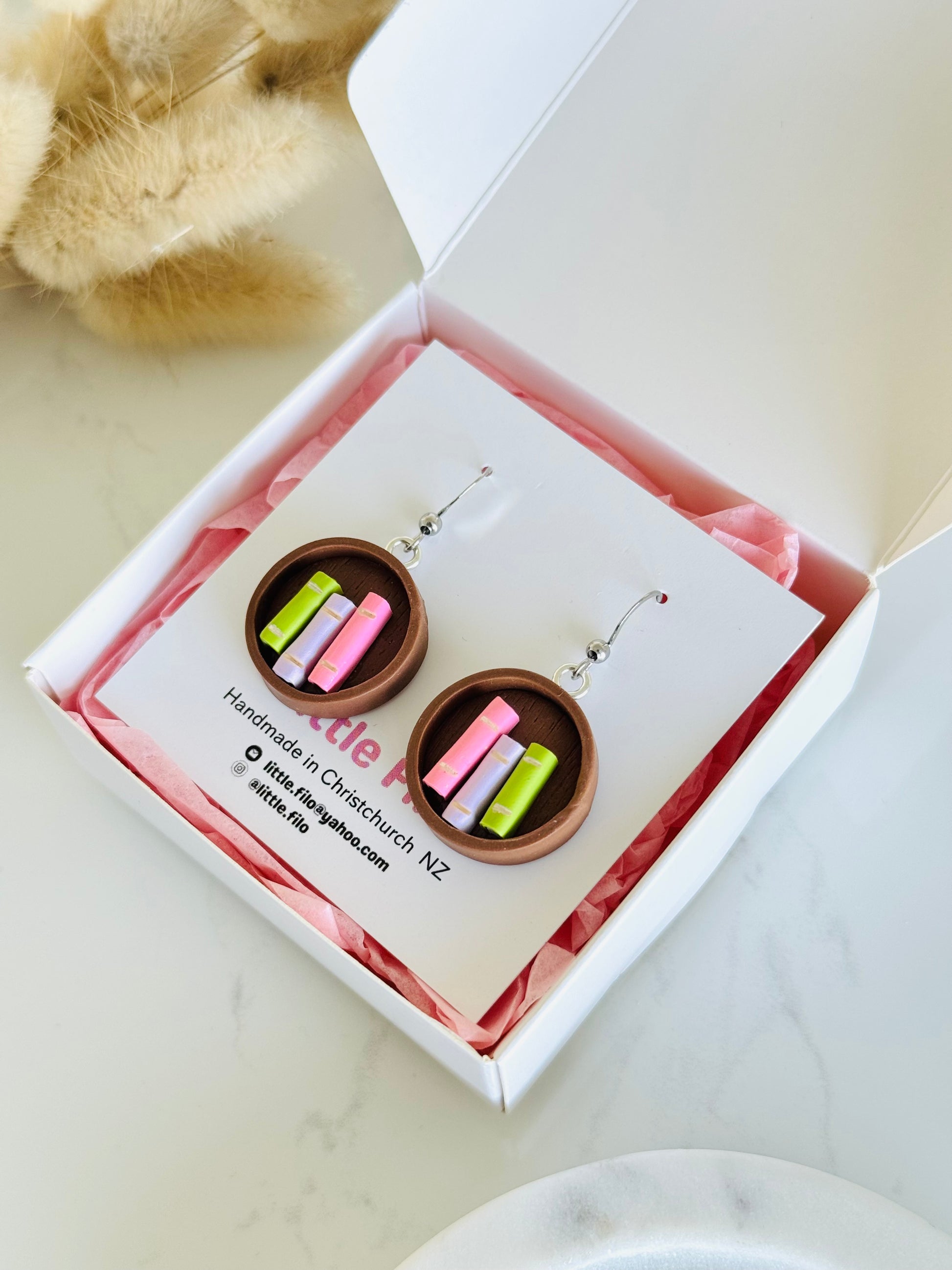 Handmade polymer clay bookshelf earrings, cute book lover jewelry NZ