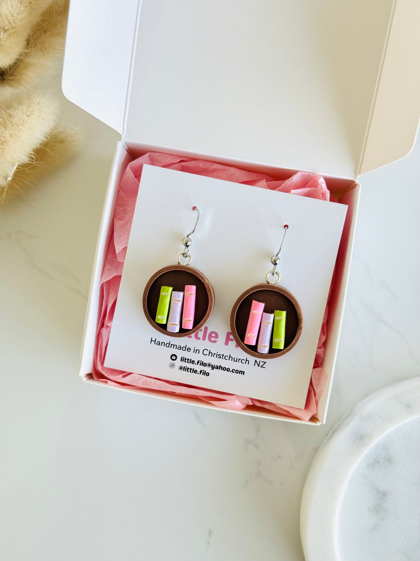 Handmade polymer clay bookshelf earrings, cute book lover jewelry NZ