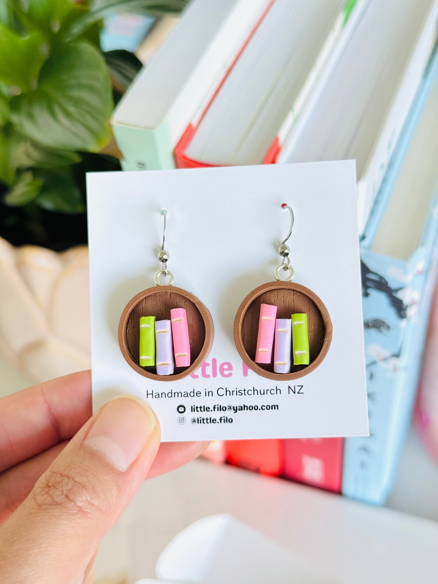 Handmade polymer clay bookshelf earrings, cute book lover jewelry NZ