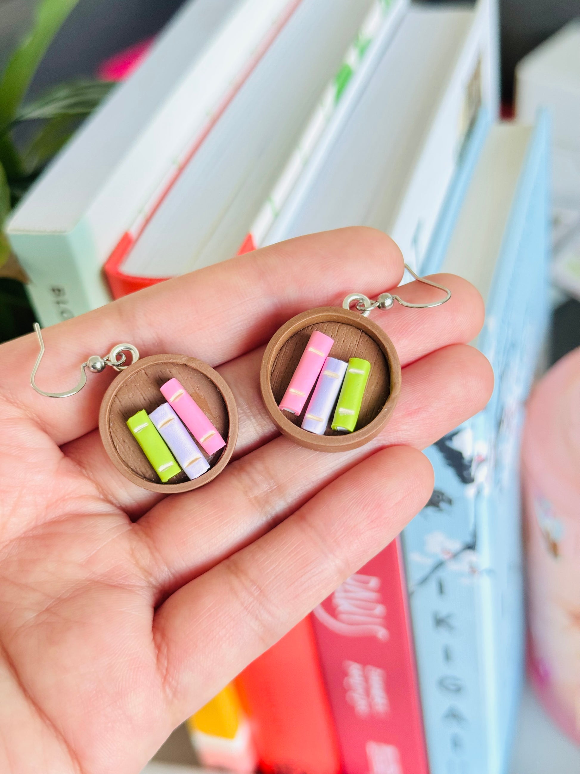 Handmade polymer clay bookshelf earrings, cute book lover jewelry NZ