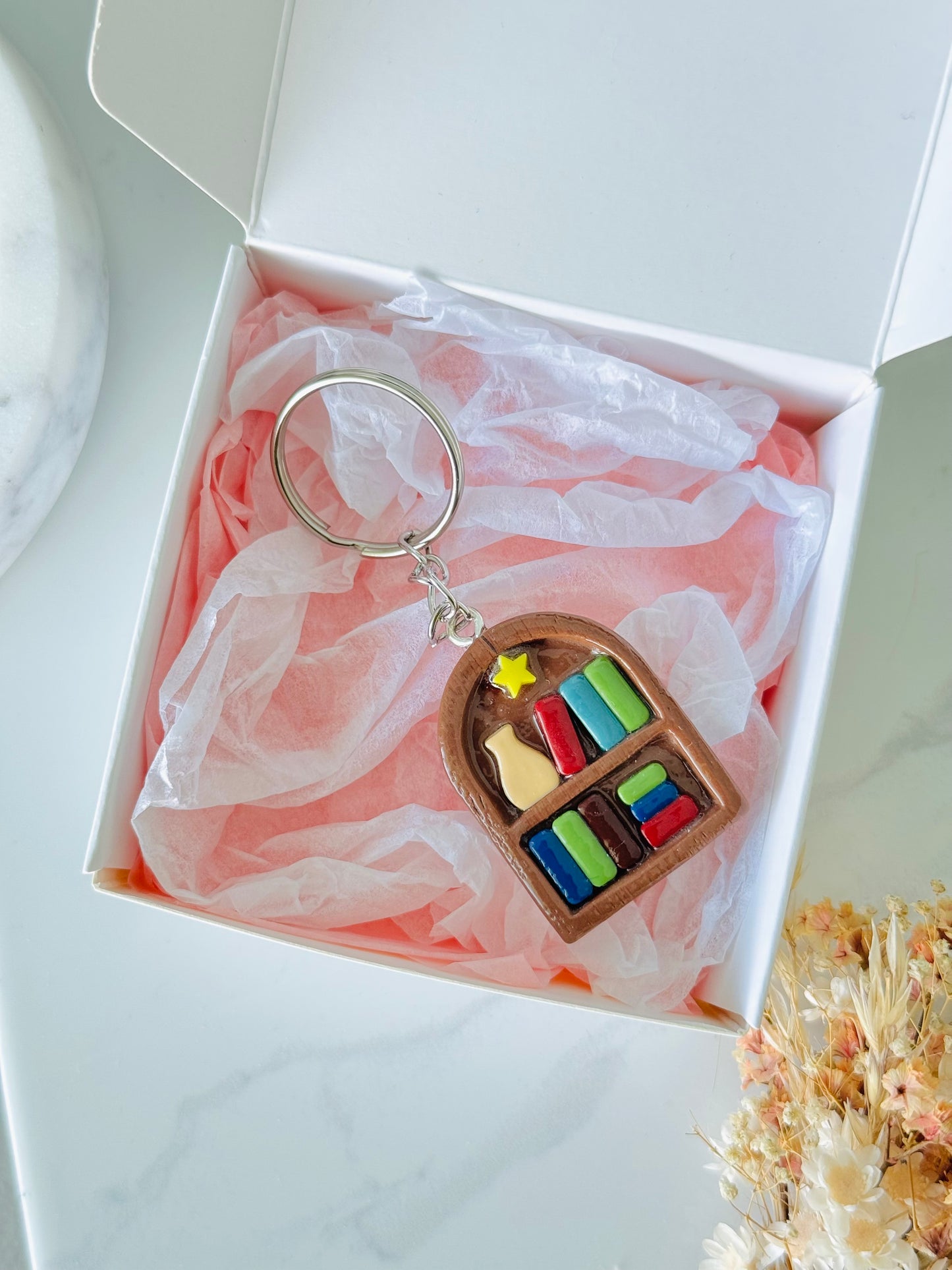 Handmade polymer clay bookshelf keyring for keys and bags NZ