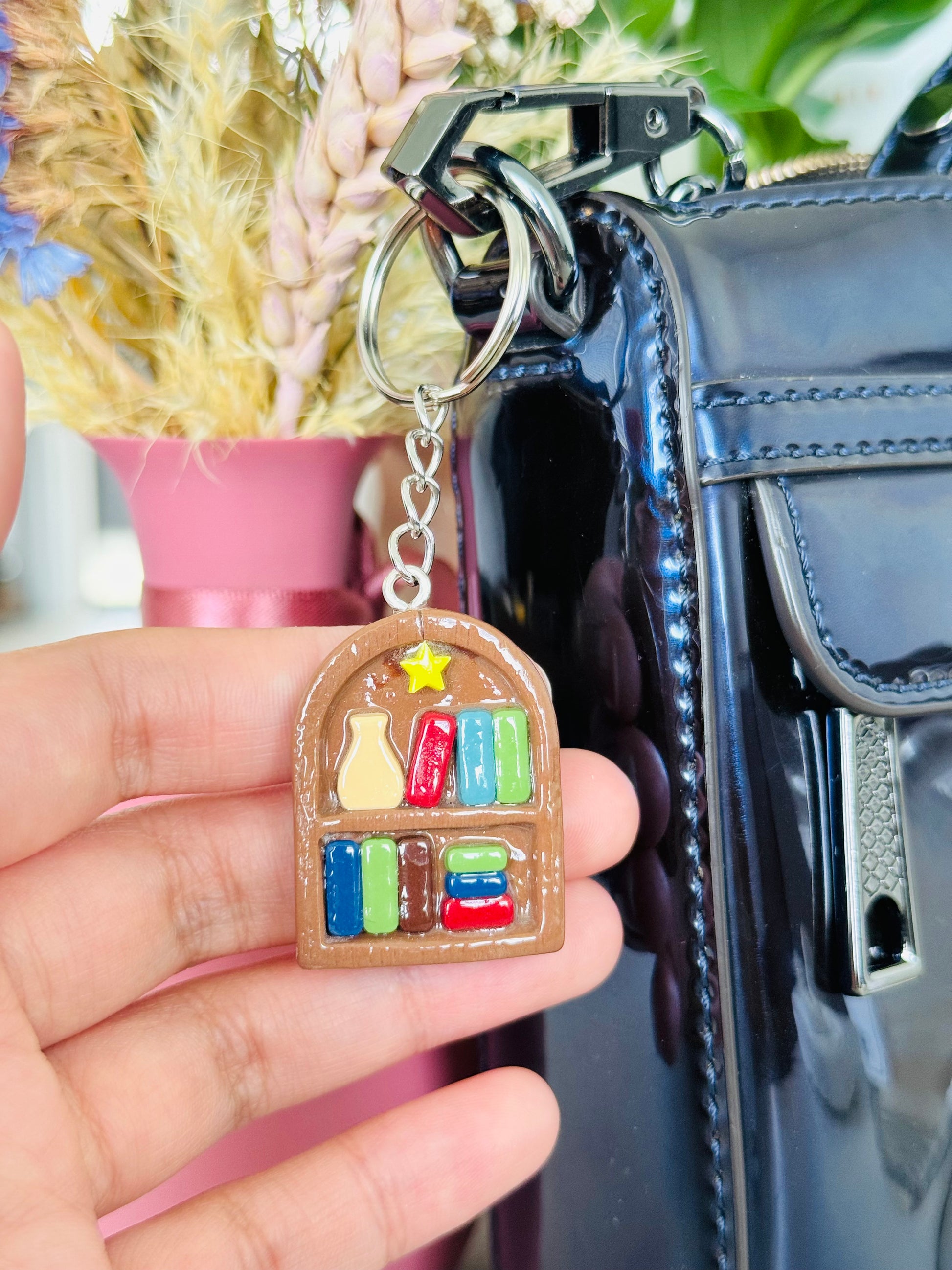 Handmade polymer clay bookshelf keyring for keys and bags NZ