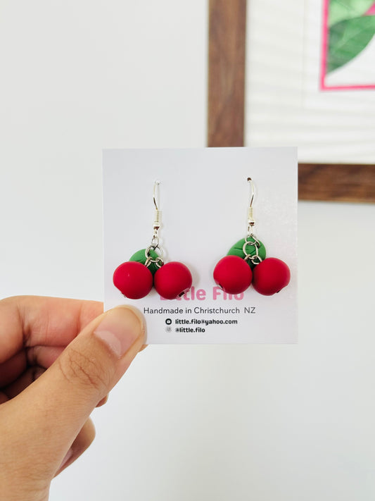 Handmade polymer clay cherry earrings, cute fruit dangle jewelry NZ