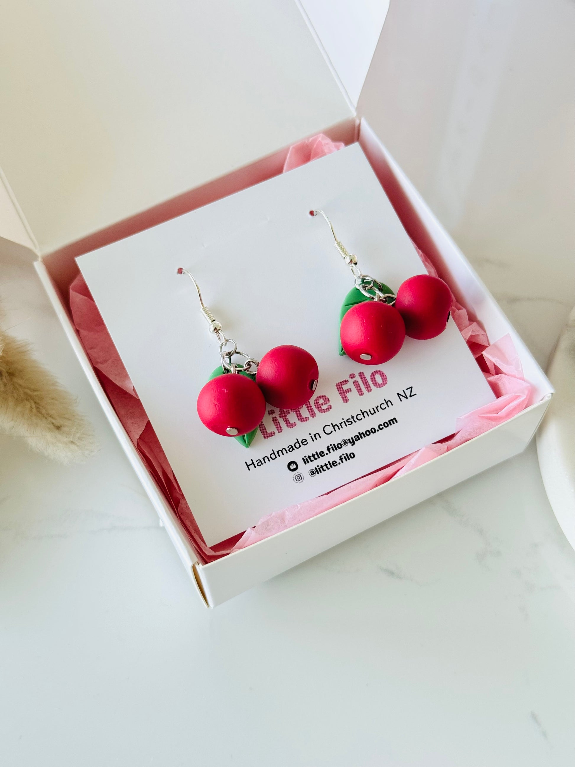Handmade polymer clay cherry earrings, cute fruit dangle jewelry NZ