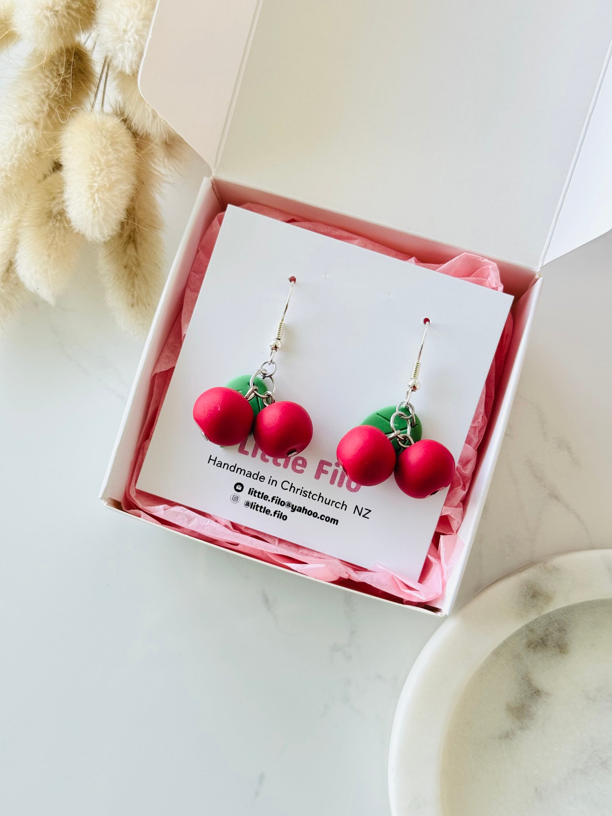 Handmade polymer clay cherry earrings, cute fruit dangle jewelry NZ