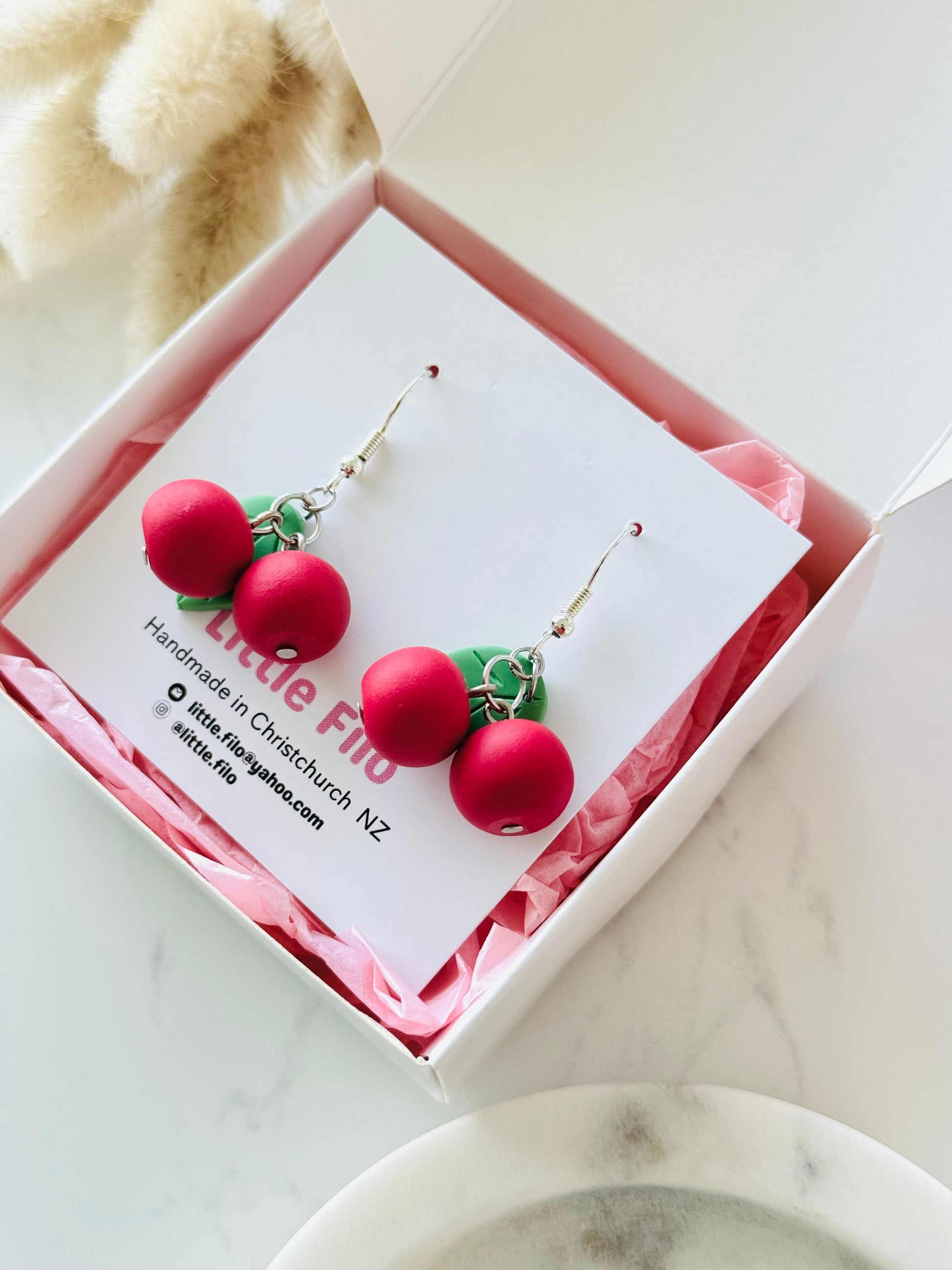 Handmade polymer clay cherry earrings, cute fruit dangle jewelry NZ