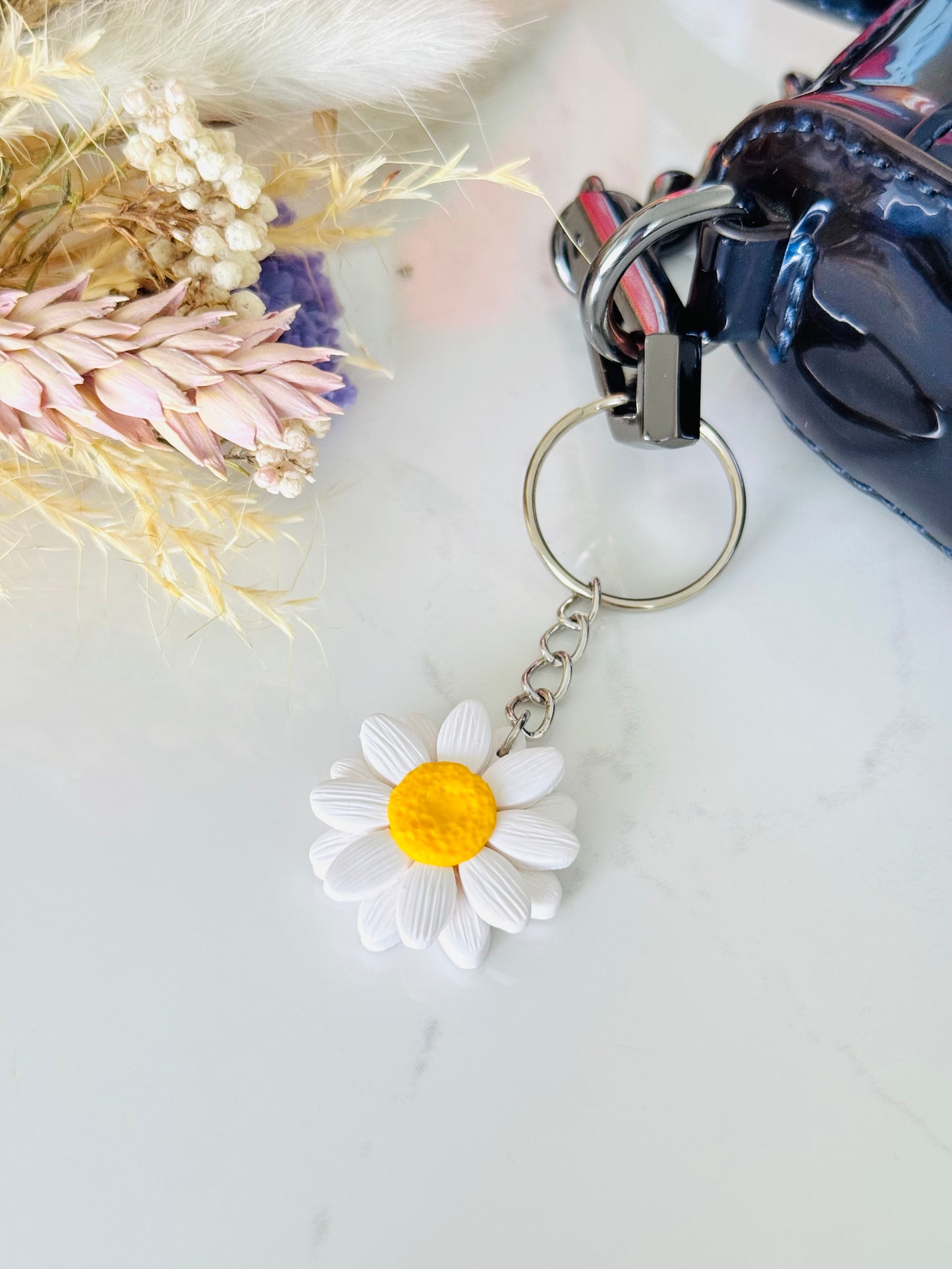 Handmade polymer clay daisy flower keychain with keyring attachment NZ