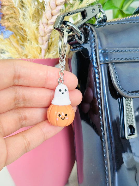 Handmade ghost and pumpkin polymer clay keyring for Halloween NZ