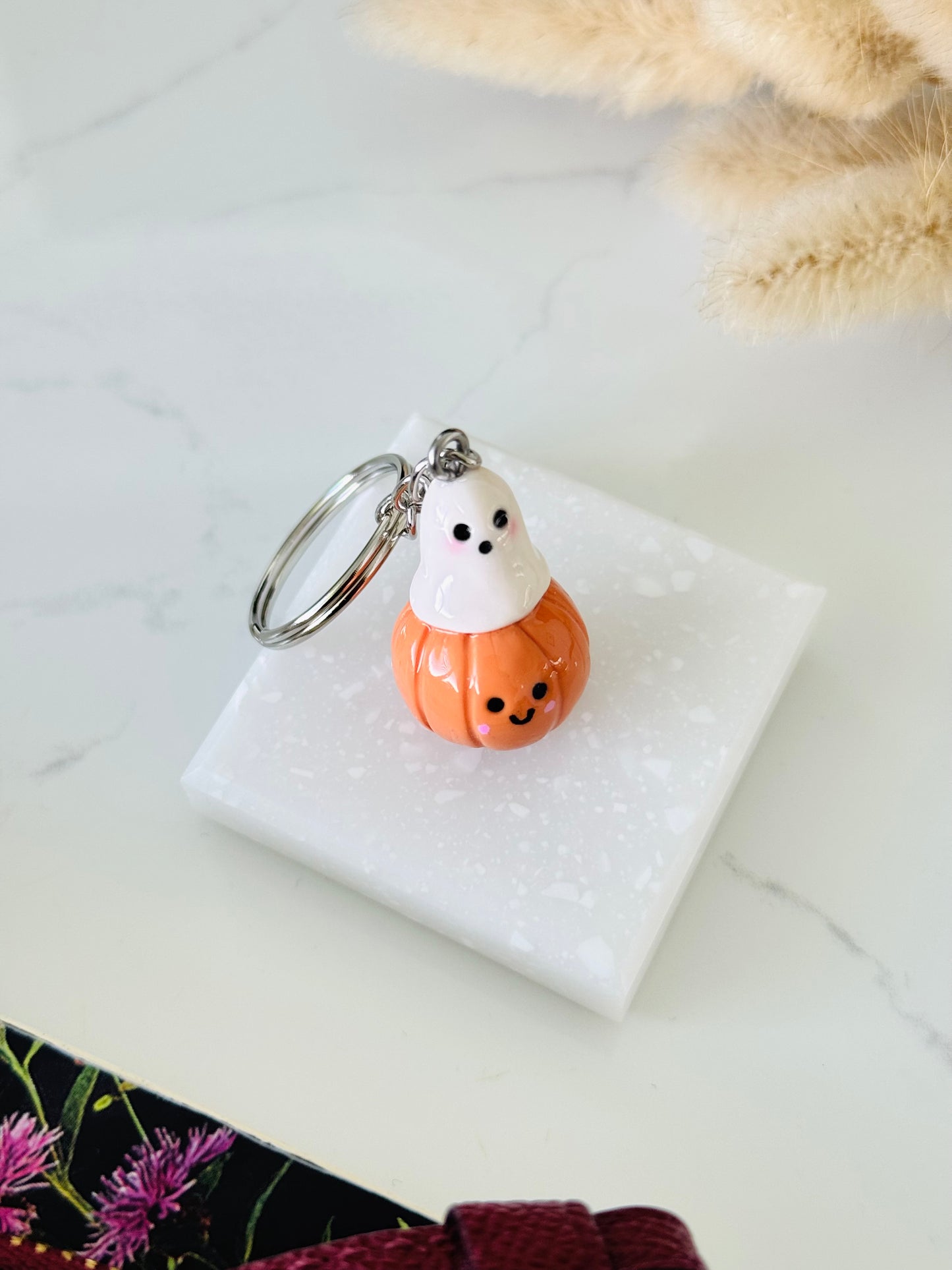 Handmade ghost and pumpkin polymer clay keyring for Halloween NZ