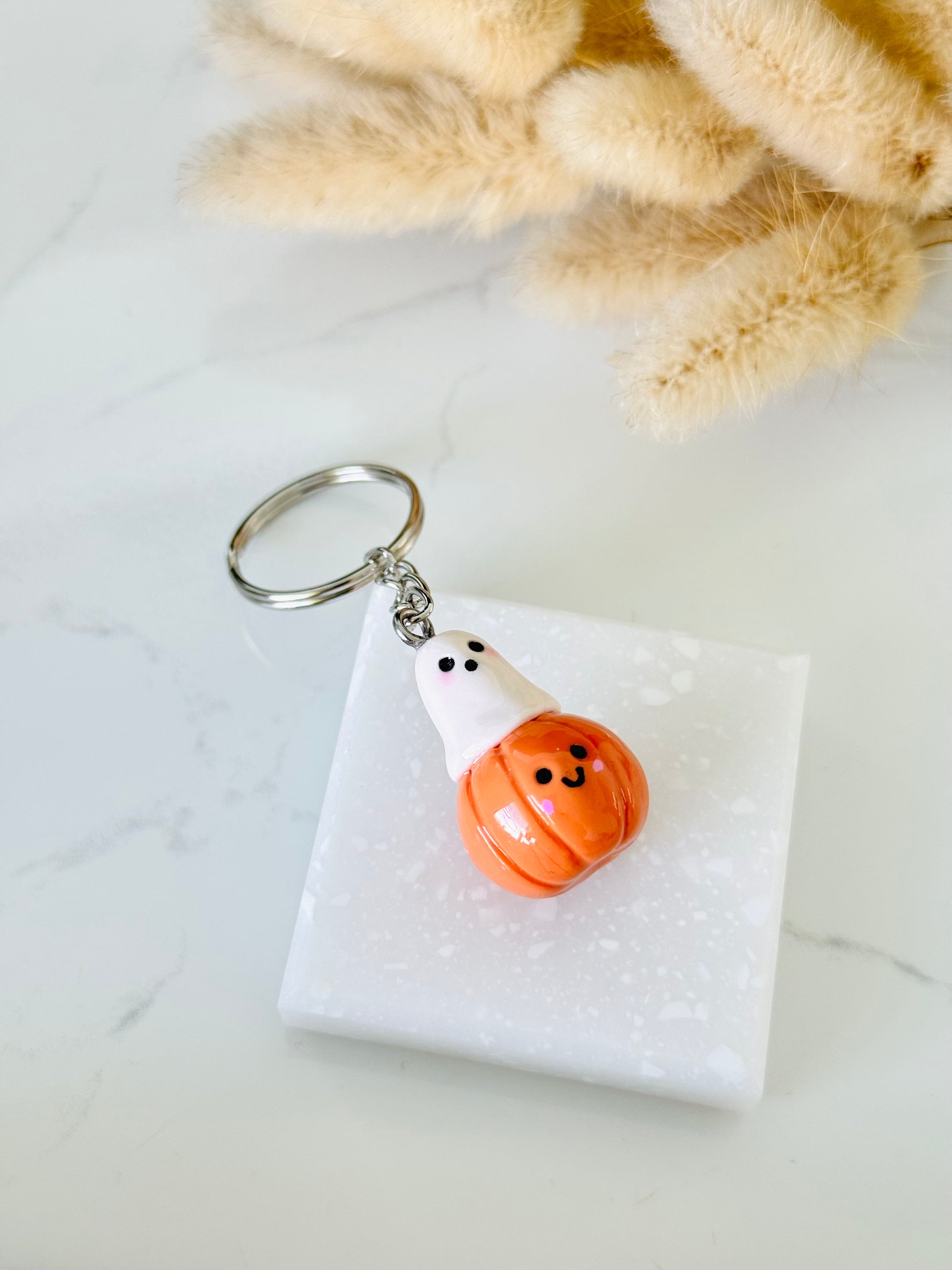 Handmade ghost and pumpkin polymer clay keyring for Halloween NZ