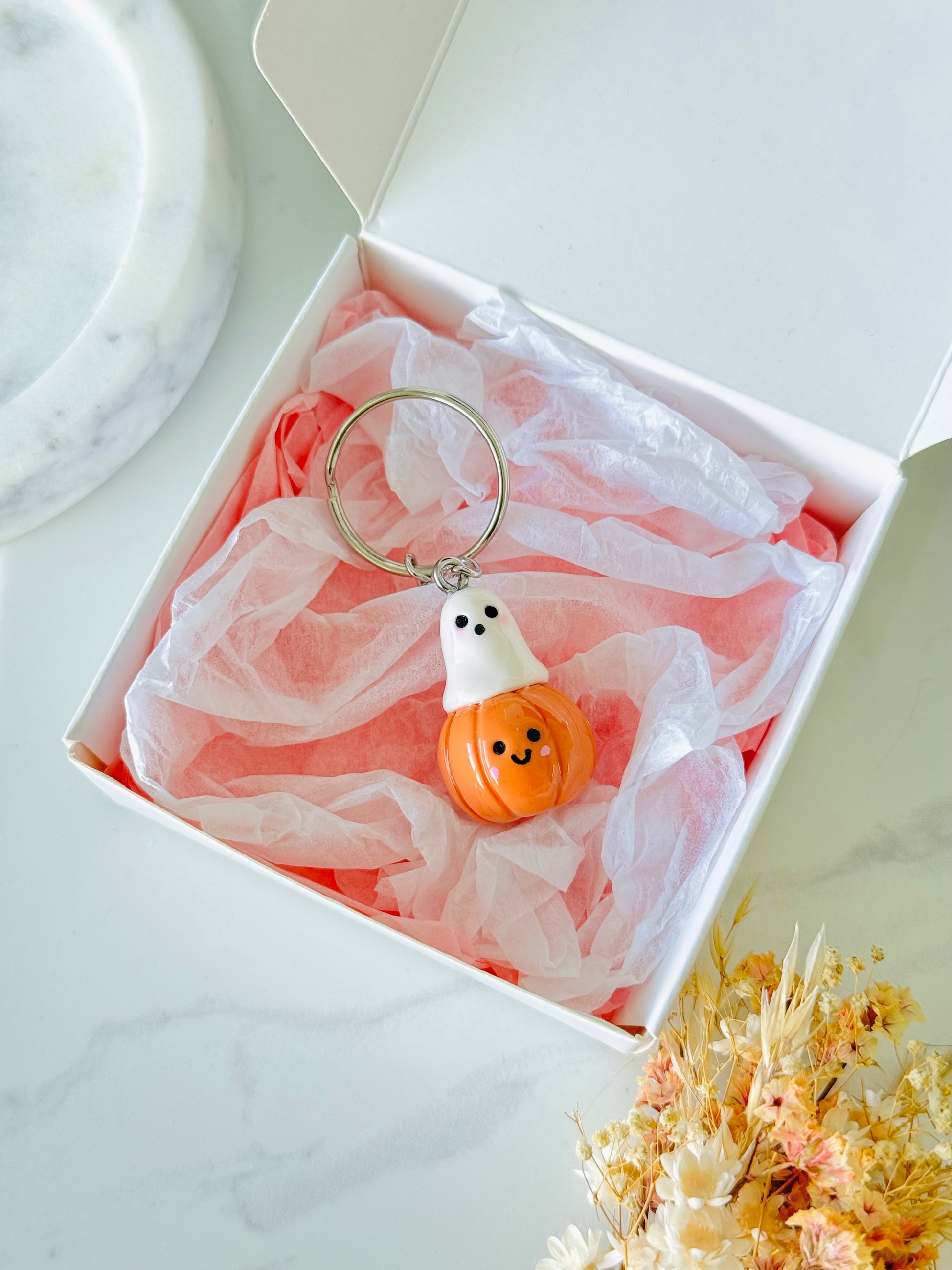 Handmade ghost and pumpkin polymer clay keyring for Halloween NZ
