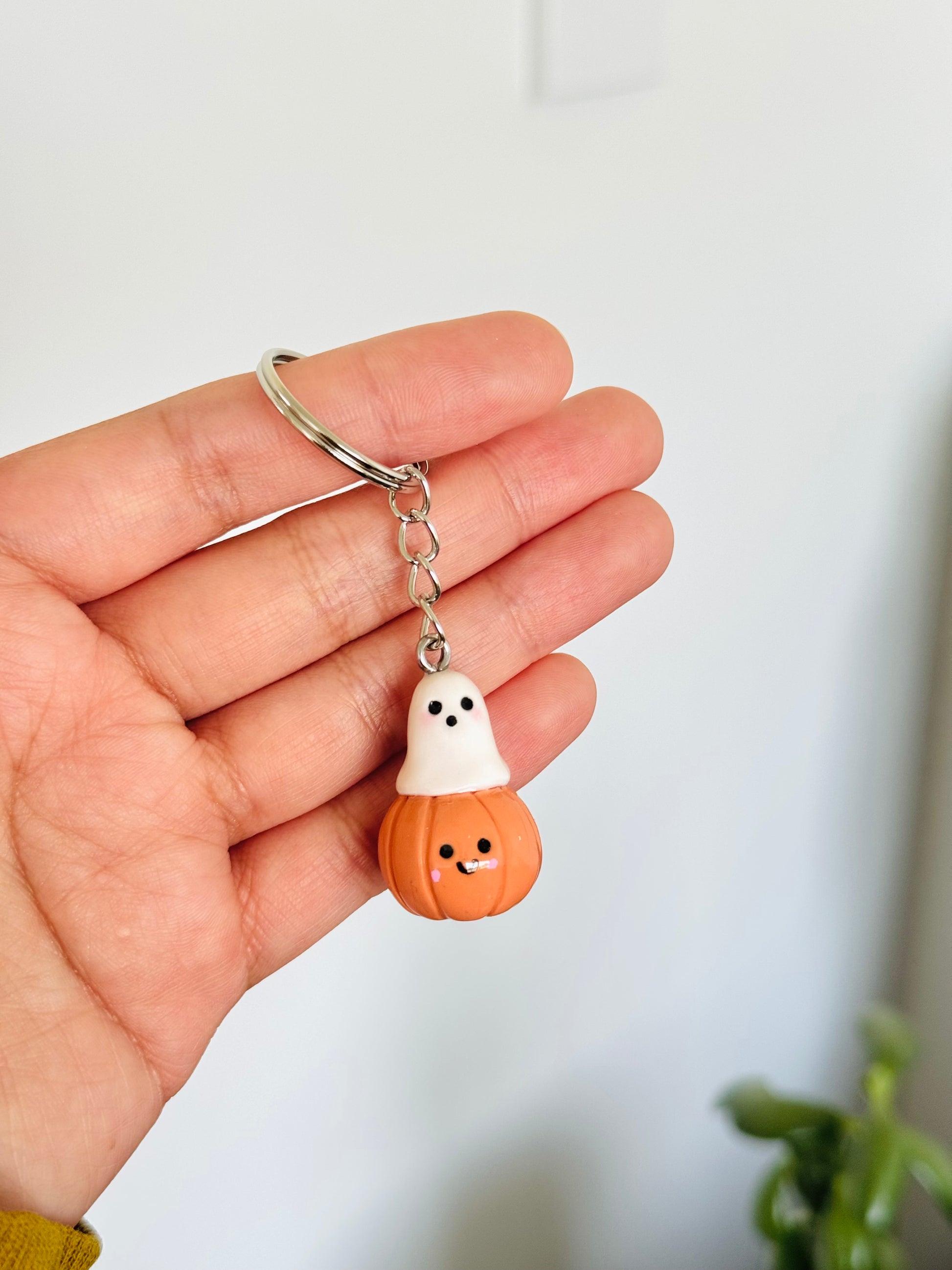 Handmade ghost and pumpkin polymer clay keyring for Halloween NZ