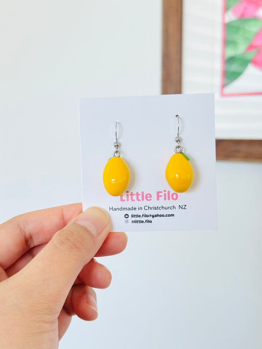 Handmade polymer clay lemon earrings, cute fruit dangle jewelry NZ